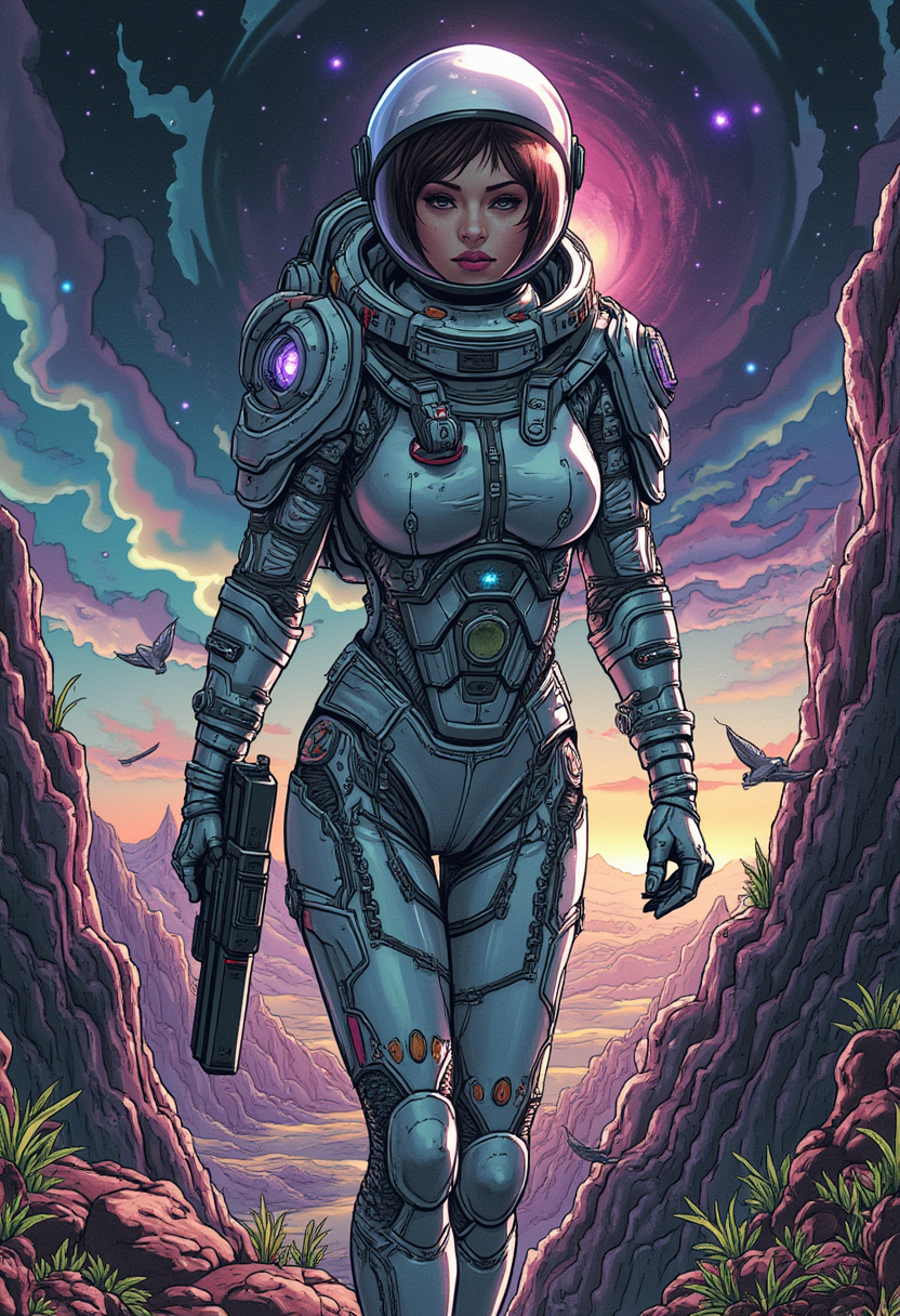women in peril, **Prompt**: An intricate ink-style fantasy art depiction of a futuristic sci-fi woman, clad in a form-fitting, highly detailed space suit. Her suit is adorned with a lattice of interconnected panels and glowing circuits, reflecting the advanced technology of her world. She wears a transparent space helmet, through which her determined gaze can be seen, and wields an intricately designed space ray gun in an action-ready stance. Her posture conveys movement and agility, as if she's preparing to confront an unseen threat on the alien terrain. The setting is a hostile alien planet, characterized by otherworldly landscapes and bizarre rock formations under a vibrant, swirling sky of deep purples and blues. Strange, bioluminescent plant life casts an eerie glow, adding depth and mystery to the scene. The lighting is dramatic, with strong contrasts between light and shadow, which highlights the textures and details of her attire. The overall mood is tense and adventurous, capturing the essence of exploration in uncharted territories. The perspective is dynamic, set at a slightly low angle to convey the intensity of the moment, as if the viewer is part of the scene, watching her boldly face the challenges of this alien world.
