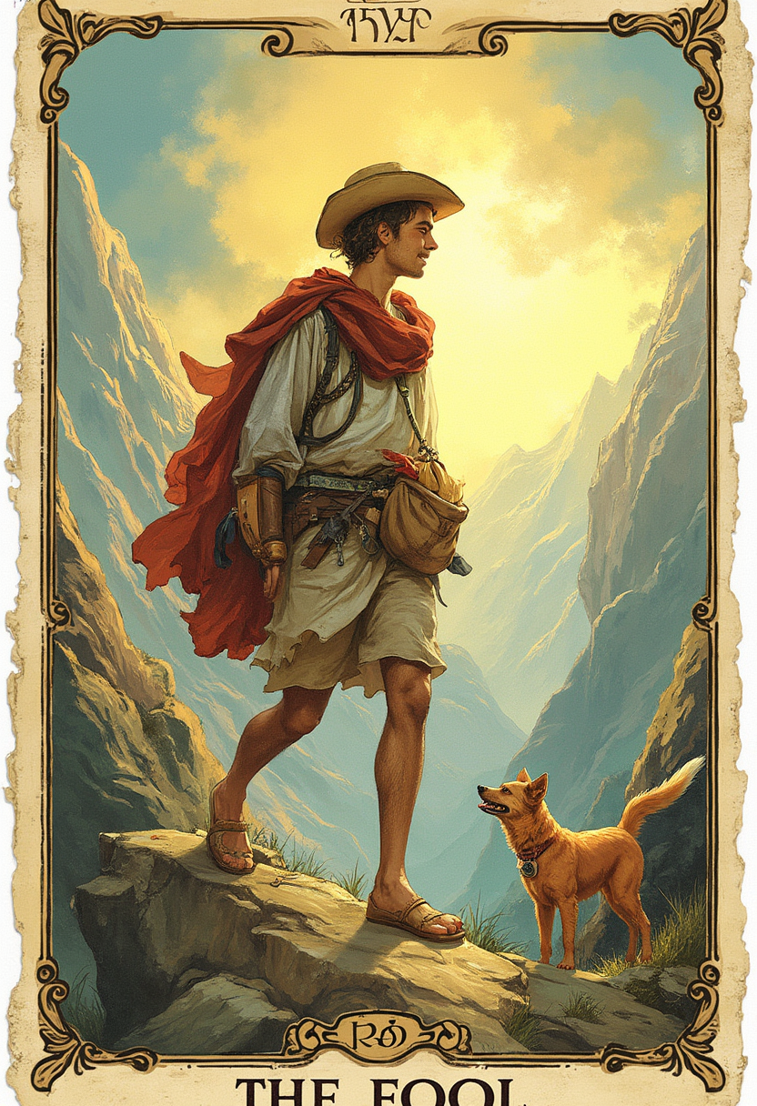 The Fool Tarot Card Description

The Fool depicts a young man walking joyfully into the world. He is taking his first steps, and he is exuberant, joyful, excited. He carries nothing with him except a small sack, caring nothing for the possible dangers that lie in his path. Indeed, he is soon to encounter the first of these possible dangers, for if he takes just a step more, he he topple over the cliff that he is reaching. But this doesn't seem to concern him - we are unsure whether he is just naive or simply unaware. The dog at his heels barks at him in warning, and if he does not become more aware of his surroundings soon, he may never see all the adventures that he dreams of encountering.