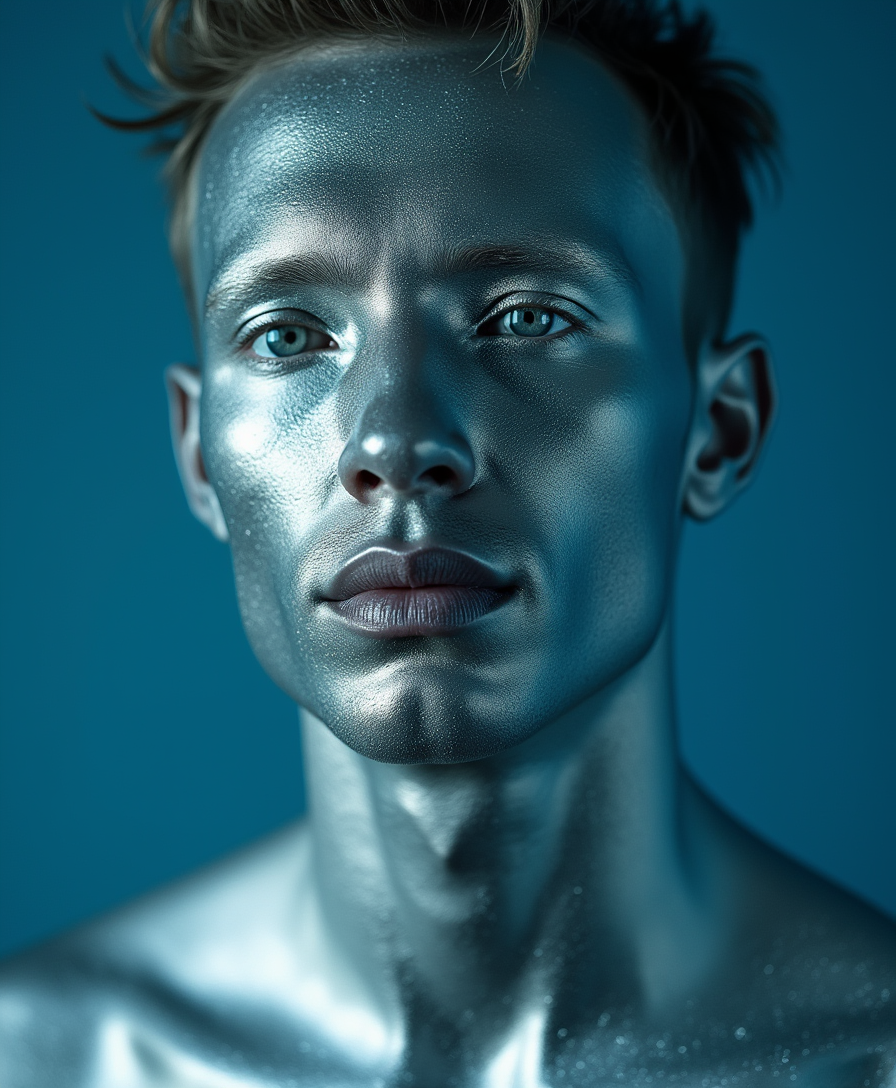 surreal photography, portrait, man, silver skin, blue background, high dynamic range, film photography, 23mm focal length, iso 100, f/2.8, Cinematic, (sharp details, high quality, 4k, intricate details, highly-detailed)
