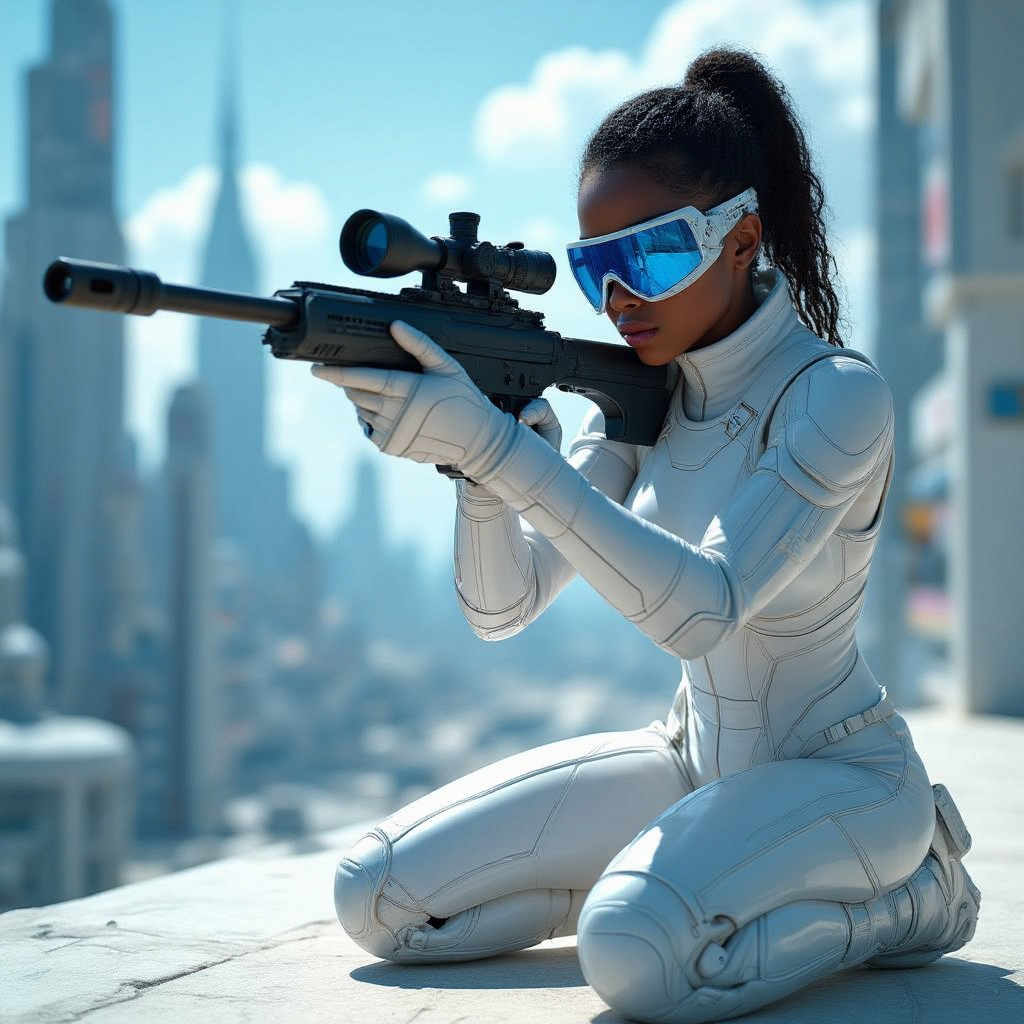 beautiful black girl aiming her sniper rifle, kneeling shooting position, all white futuristic suite and armor, sci-fi style city, big blue tinted glasses ultra realistic textures, 8k, sunny day, vivid vibe