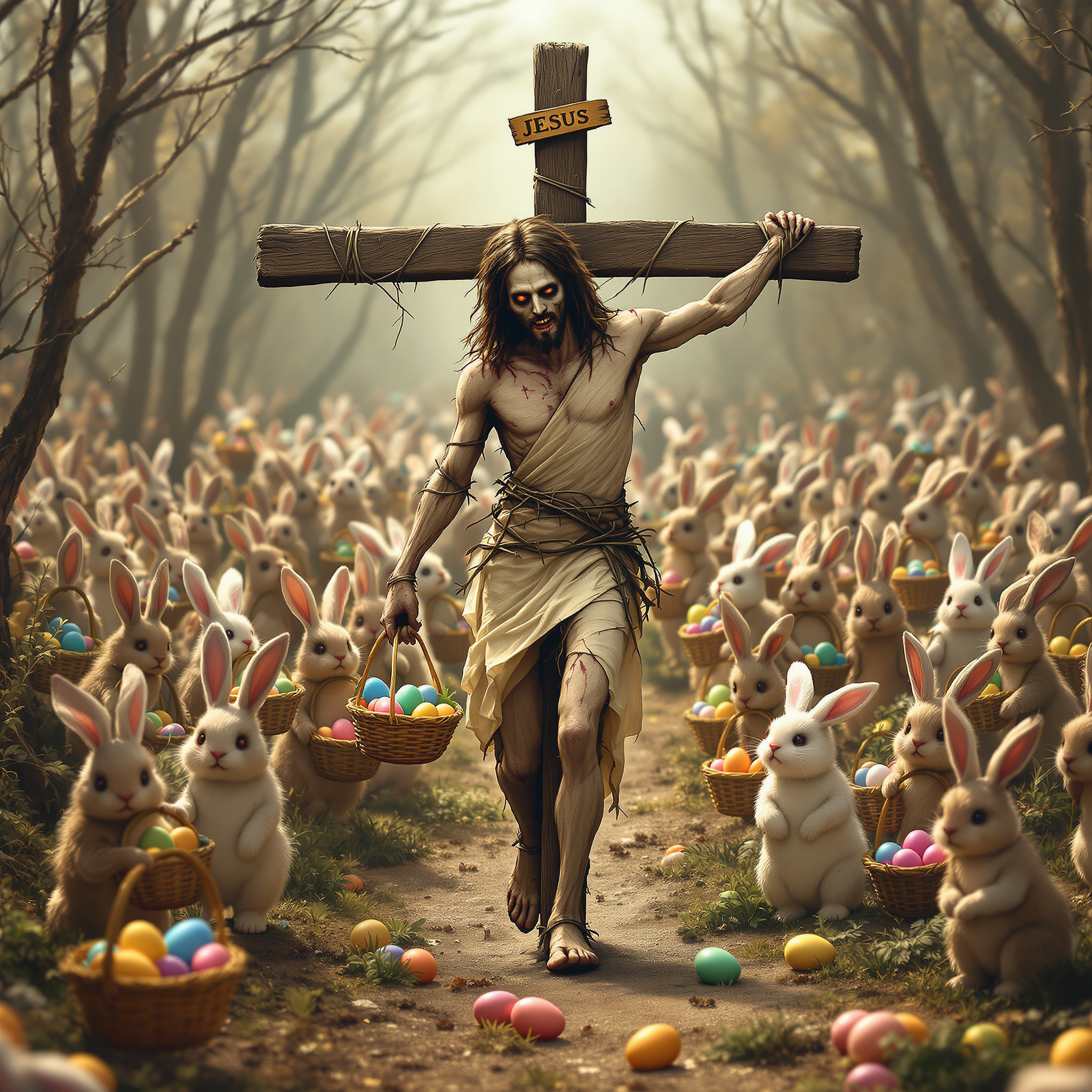 Example: A photo of jesus as a zombie tied tothe cross walking