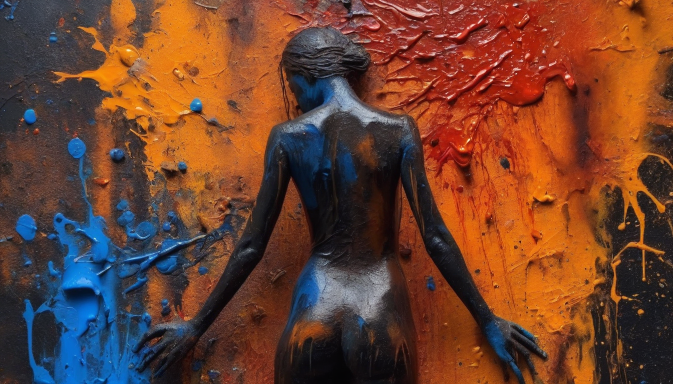 a detailed abstract paint of a naked girl made by broken fabric, toys, ketchup, urine, shit, sewer, tar, mud, paint, rusted metal, clay, orange, red, blue, black, hd photo 4k , ultra detailed