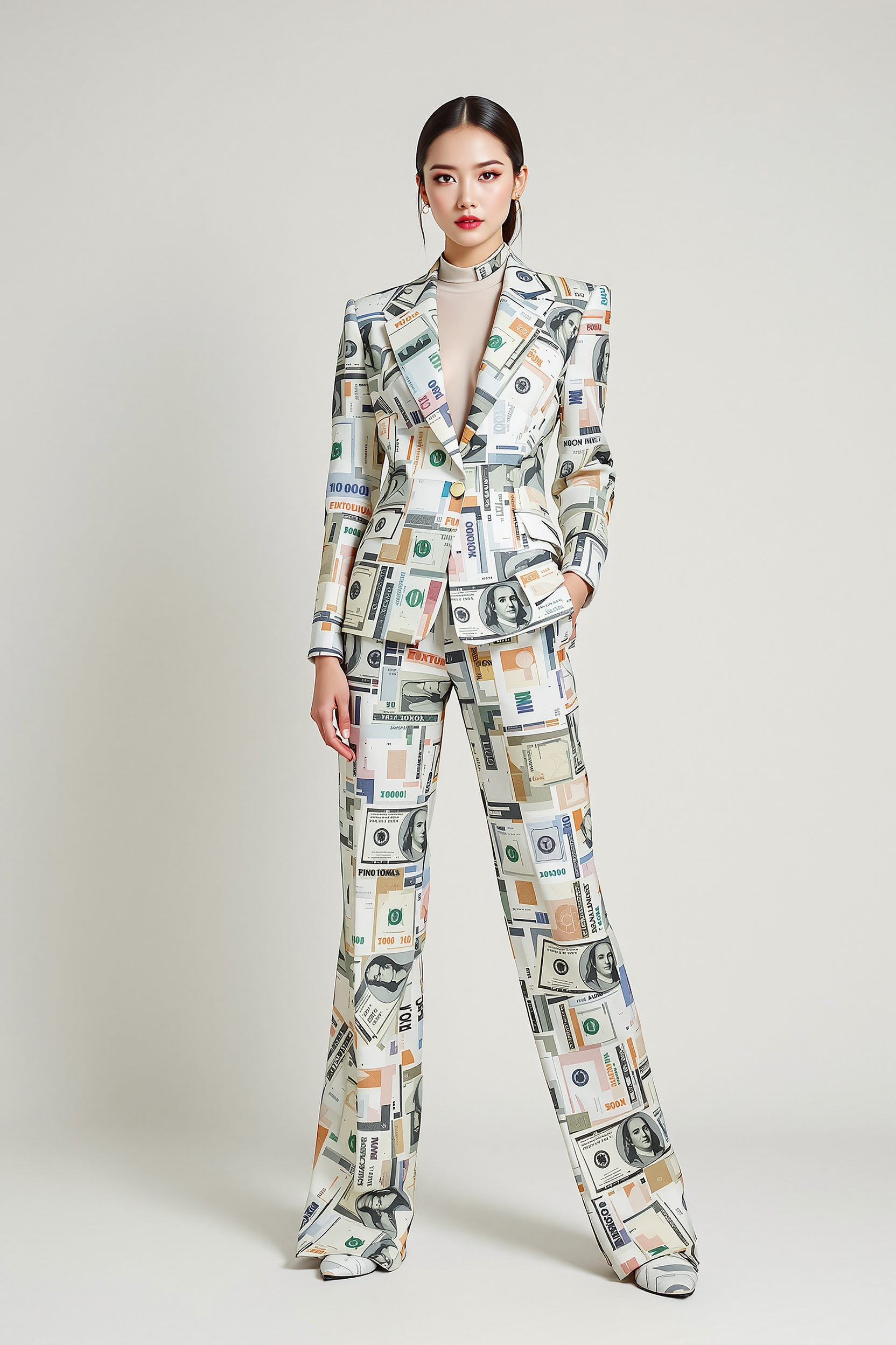 Photorealistic, surrealism, full-length shot, Taiwanese beauty wearing clothing suit made of banknotes, fashionable and stylish stunning, off-white background