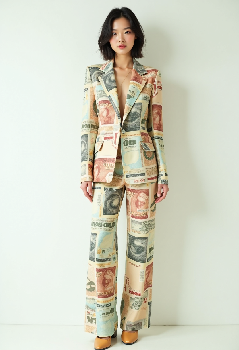 Photorealistic, surrealism, full-length shot, Taiwanese beauty wearing clothing suit made of banknotes, fashionable and stylish stunning, off-white background