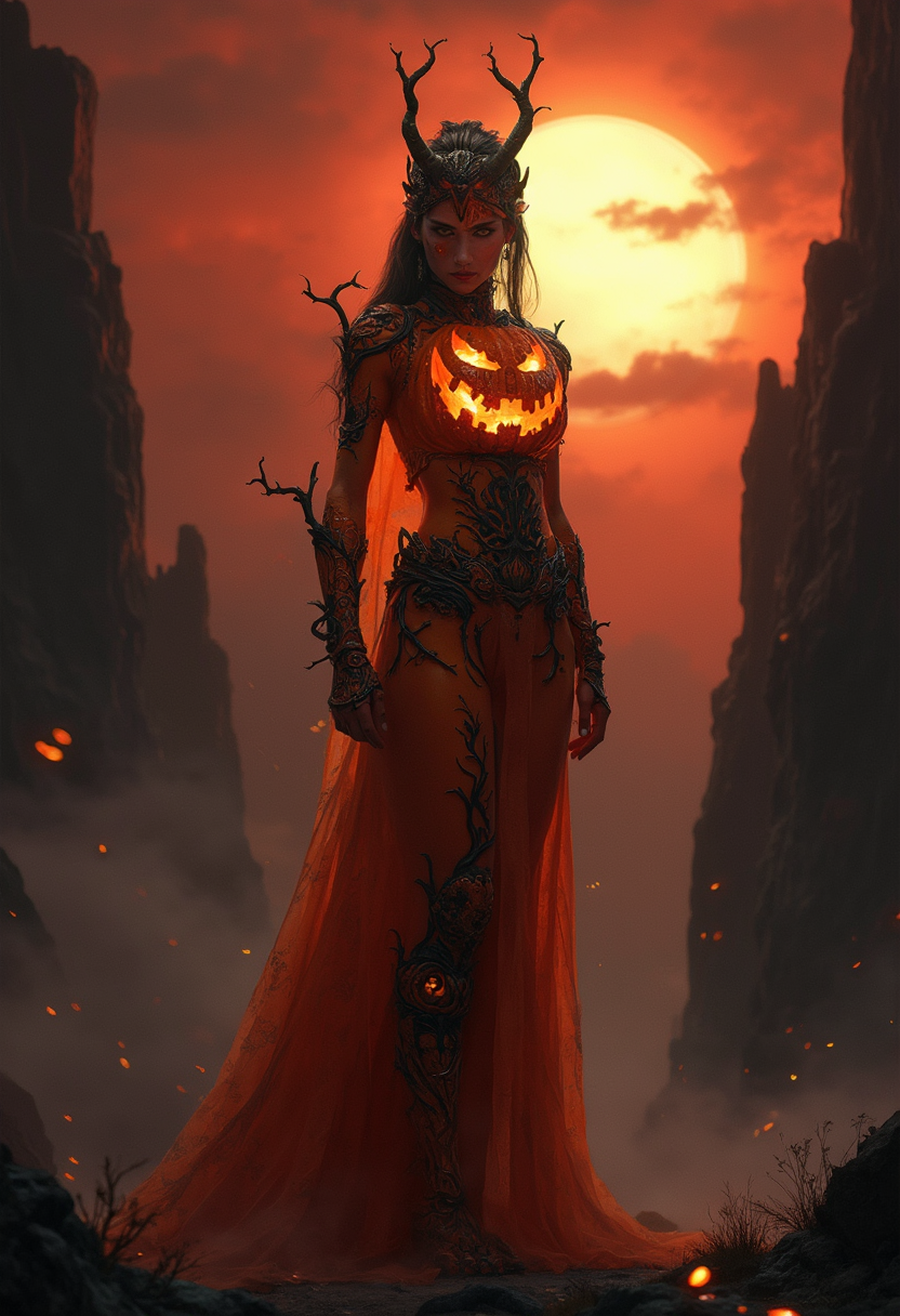 A striking female figure, fit, thin, and athletic, standing confidently in a intricately designed jack-o'-lantern costume with detailed textures of carved pumpkin patterns, glowing orange hues, and subtle vine accents woven into the fabric. She is positioned center-frame, exuding power and menace, with a low camera angle looking up to emphasize her dominance. The costume features a mix of matte and glossy finishes, with flickering light effects mimicking a candlelit pumpkin interior. Behind her, a dark and foreboding "Queen of Evil" background unfolds—a gothic, otherworldly landscape with jagged black cliffs, a blood-red sky, and swirling mist illuminated by an eerie, pale moon. The atmosphere is heavy with a sinister, haunting mood, evoking a chilling autumn night. The scene is rendered in a dark fantasy art style, inspired by the works of Brom or Zdzisław Beksiński, with hyper-detailed textures, dramatic chiaroscuro lighting, and a cinematic depth of field that keeps the queen sharply in focus while the background fades into a mysterious haze.