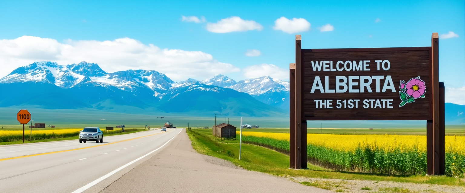 photo of ABSIGN, photo of ABSIGN, This image captures a scenic roadside view, likely taken during the daytime given the natural lighting. The art style is realistic photography, with a focus on naturalistic elements and a clear depiction of the landscape. The medium appears to be a high-resolution photograph, given the sharpness and clarity of the details. The colors in the image are rich and varied, with a predominance of greens, yellow, blue from the Canola, Canadian rockies and the wooden sign. The sky is a soft blue, providing a contrast to the darker tones of the foreground. The road is a grey asphalt, with the yellow lines indicating the lanes. The white vehicle in the distance adds a pop of color to the otherwise earthy palette.The objects in the image include a large wooden welcome sign on the right side, which reads "WELCOME TO ALBERTA" on the bottom "THE 51st STATE" and features a stylized wild rose graphic. The sign is mounted on a wooden frame and supported by two posts, one on each side. The background of the sign is a rich, dark brown, which contrasts with the white text and the bright pink flower graphic on the right side of the sign. The road curves gently to the left, with a speed limit sign indicating a maximum speed of 110 kmh. On the left side of the road, there is a fields of Canola, with a grain orange elevator. Beyond the canola fields, the majestic Rocky Mountains rise, with snow capped peaks and rugged terrain, indicating a high altitude and possibly a cold climate. The mountains are the focal point of the image, dominating the background and providing a sense of grandeur and natural beauty. The sky above the mountains is clear blue sky, with a few clouds, contributing to the serene and tranquil atmosphere of the scene. The overall composition of the image creates a sense of welcoming and invites the viewer to explore the natural beauty of Alberta.