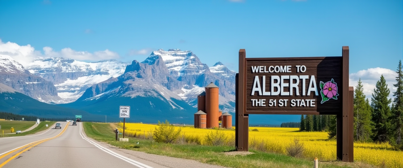 photo of ABSIGN, This image captures a scenic roadside view, likely taken during the daytime given the natural lighting. The art style is realistic photography, with a focus on naturalistic elements and a clear depiction of the landscape. The medium appears to be a high-resolution photograph, given the sharpness and clarity of the details. The colors in the image are rich and varied, with a predominance of greens, yellow, blue from the Canola, Canadian rockies and the wooden sign. The sky is a soft blue, providing a contrast to the darker tones of the foreground. The road is a grey asphalt, with the yellow lines indicating the lanes. The white vehicle in the distance adds a pop of color to the otherwise earthy palette.The objects in the image include a large wooden welcome sign on the right side, which reads "WELCOME TO ALBERTA" on the bottom "THE 51st STATE" and features a stylized wild rose graphic. The sign is mounted on a wooden frame and supported by two posts, one on each side. The background of the sign is a rich, dark brown, which contrasts with the white text and the bright pink flower graphic on the right side of the sign. The road curves gently to the left, with a white speed limit sign indicating a maximum speed of 110 km/h in black sans serif font. On the left side of the road, there is a fields of Canola, with a grain orange elevator. Beyond the canola fields, the majestic Rocky Mountains rise, with snow capped peaks and rugged terrain, indicating a high altitude and possibly a cold climate. The mountains are the focal point of the image, dominating the background and providing a sense of grandeur and natural beauty. The sky above the mountains is clear blue sky, with a few clouds, contributing to the serene and tranquil atmosphere of the scene. The overall composition of the image creates a sense of welcoming and invites the viewer to explore the natural beauty of Alberta.