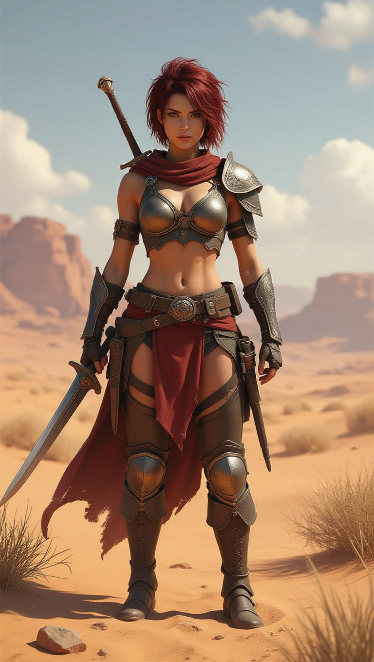 This image is a 3D rendered digital artwork, showcasing a female warrior with short dark red messy hair, standing confidently in a desert landscape. The art style is highly detailed and realistic, with a focus on the characters muscular build and the intricate textures of her armor and weapons.The medium appears to be a highend 3D modeling software, likely utilizing advanced rendering techniques to achieve the lifelike quality of the image. The lighting and shadows are particularly wellexecuted, creating a sense of depth and realism in the desert environment.The colors in the image are warm and earthy, with the reds and browns of the desert sand dominating the scene. The warriors skin tone is a light tan, providing a contrast against the darker tones of her armor and weapons. The metallic sheen of her armor and weapons adds a touch of coolness to the otherwise warm palette.The objects in the image include the warrior herself, who is the central figure. She is wearing a detailed, golden armor with a high neckline and a matching skirt, both adorned with circular studs. Her muscular physique is on full display, with defined abs and arms. she has short dark red messy hair. In her right hand, she wields a long, straight sword with a gleaming silver blade and a dark hilt. In her left hand, she holds a battle axe with a curved blade and a spiked head, finished in a similar dark tone to the sword.The background of the image is a vast desert landscape, with rolling dunes and sparse vegetation. The sky is a clear blue, with wispy clouds drifting across the horizon, and the sun casts a warm, golden glow over the entire scene, highlighting the textures and contours of the landscape and the warriors armor.