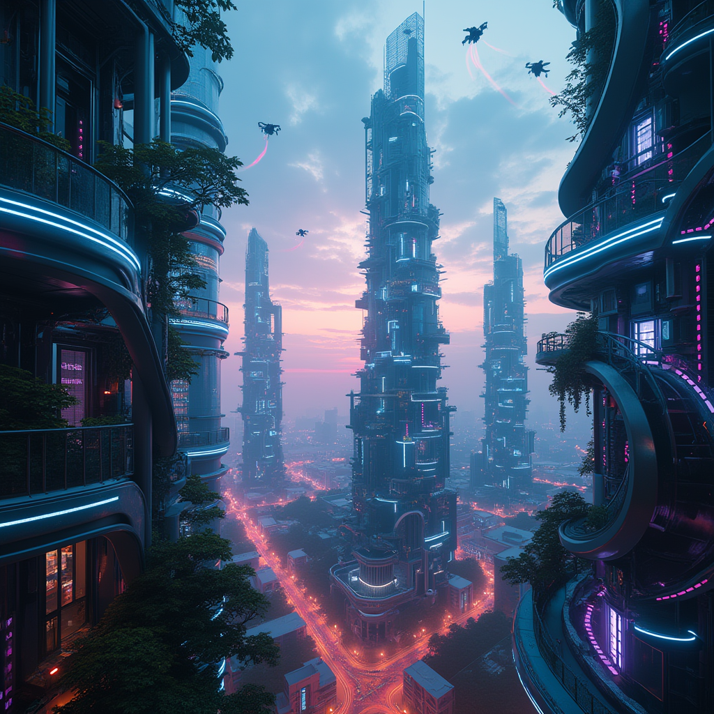 A breathtaking futuristic cityscape at twilight, towering skyscrapers with sleek, reflective glass surfaces and intricate neon accents glowing in vibrant hues of electric blue, magenta, and cyan. Hovering vehicles and drones zip through the air, leaving trails of light against a backdrop of a deep indigo sky with hints of a setting sun. The architecture blends cyberpunk aesthetics with organic, bioluminescent elements, featuring curved, asymmetrical designs and vertical gardens cascading down building facades. The composition focuses on a wide, panoramic view from a high vantage point, capturing the sprawling metropolis stretching to the horizon, with a central towering structure as the focal point. The mood is awe-inspiring yet slightly dystopian, with a misty, humid atmosphere and faint rain reflecting the neon glow on wet streets below. Rendered in a hyper-detailed, cinematic style with sharp contrasts, dramatic lighting, and a slight grain for a futuristic film noir vibe, emphasizing depth of field and atmospheric perspective.