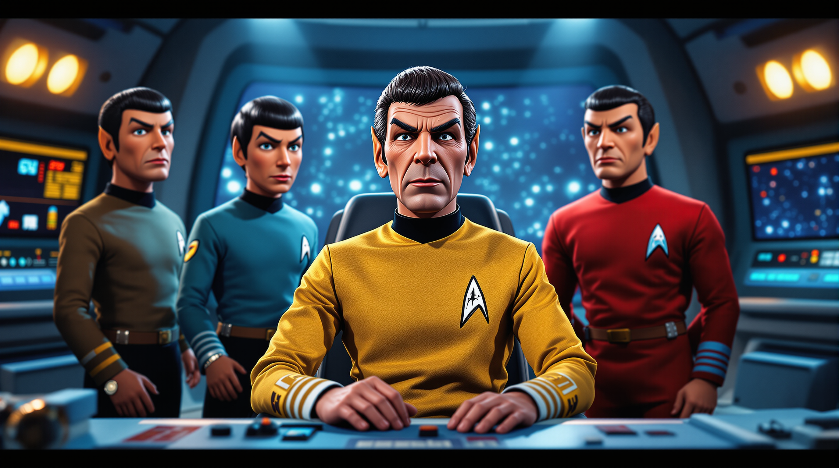 A vibrant and nostalgic scene from a classic Star Trek episode, reimagined with the iconic marionette puppets from Thunderbirds. Captain Kirk, Mr. Spock, Sulu, Uhura, and Chekov are depicted as detailed, retro-styled puppets with exaggerated facial features, jointed limbs, and meticulously crafted Starfleet uniforms in bold gold, blue, and red hues, complete with insignia badges and textured fabric details. The setting is the bridge of the USS Enterprise, rendered with a 1960s sci-fi aesthetic—sleek control panels with blinking lights, analog dials, and vibrant primary colors. The composition centers on Captain Kirk in his command chair, positioned slightly forward with a determined expression, while Spock stands to his left, one eyebrow raised in logical contemplation, and the rest of the crew are stationed at their respective posts, with Sulu and Chekov at the helm and Uhura at communications, her iconic earpiece visible. The camera angle is a dynamic medium-wide shot, slightly tilted to emphasize the depth of the bridge, with background screens showing a starry space vista through the viewscreen. The lighting is dramatic, with a mix of cool, futuristic blue tones and warm spotlights highlighting the puppets' glossy textures and subtle imperfections, evoking the handmade charm of Thunderbirds. The mood is a blend of retro adventure and whimsical nostalgia, capturing the earnest heroism of Star Trek alongside the quirky, puppet-driven energy of Thunderbirds. The atmosphere feels like a bright, hopeful moment during a mission, with a faint haze of artificial studio lighting reminiscent of 1960s TV production. Rendered in a photorealistic style with a nod to vintage stop-motion cinematography, focusing on sharp details, subtle string visibility, and a grainy film texture for authenticity.