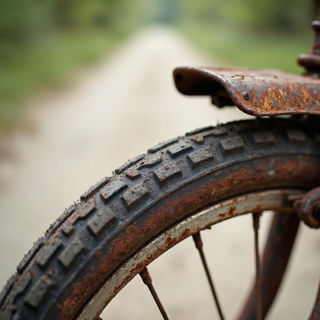 A close-up photograph of a rusty old bicycle with detailed tire treads