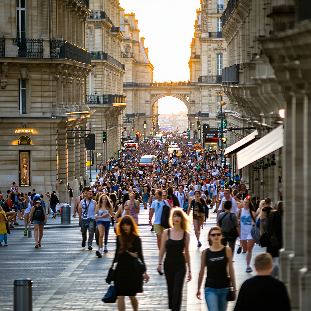 A bustling street scene in Paris at sunset, with numerous pedestrians and detailed architecture