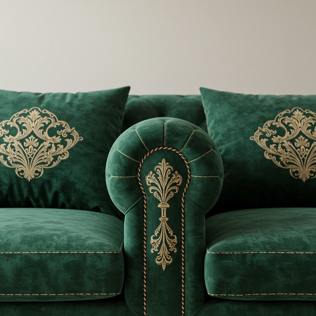 A plush velvet sofa with intricate stitching details