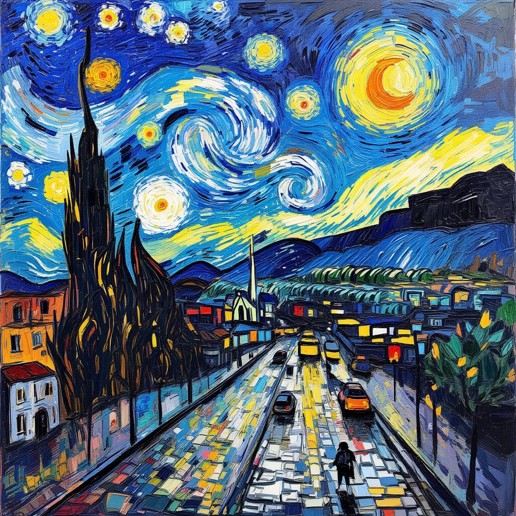 Example: An abstract painting of a cityscape in the style of Van Gogh
