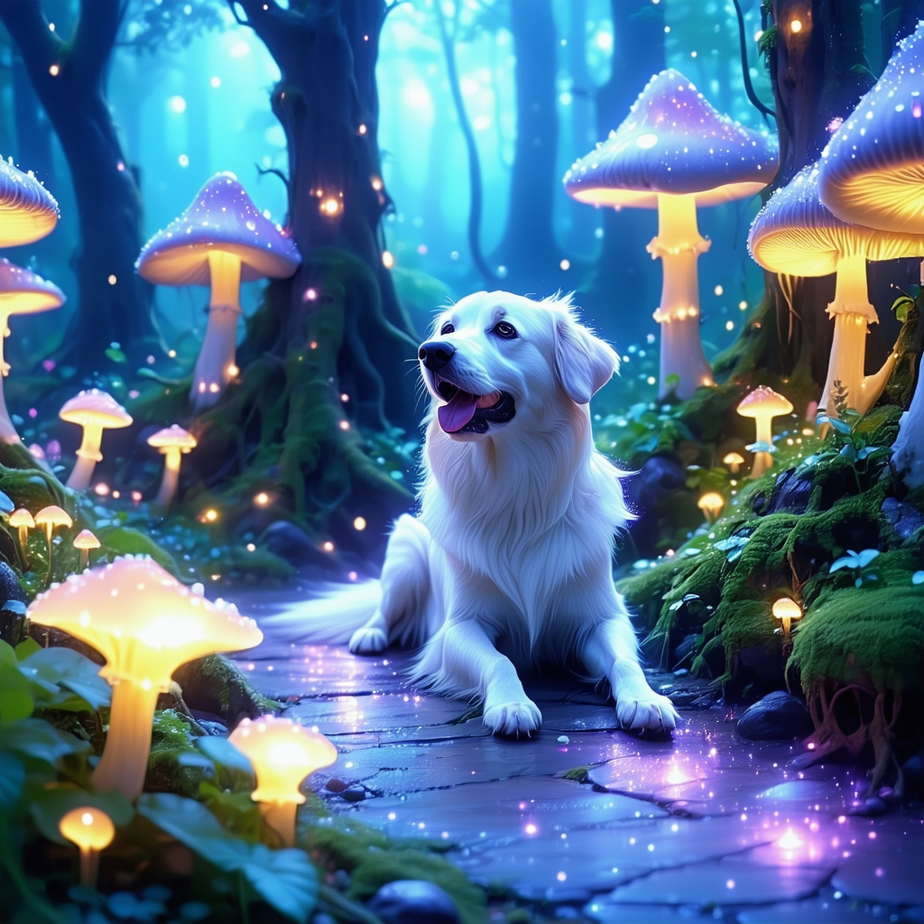 A dreamlike image of a talking dog in a garden with glowing mushrooms