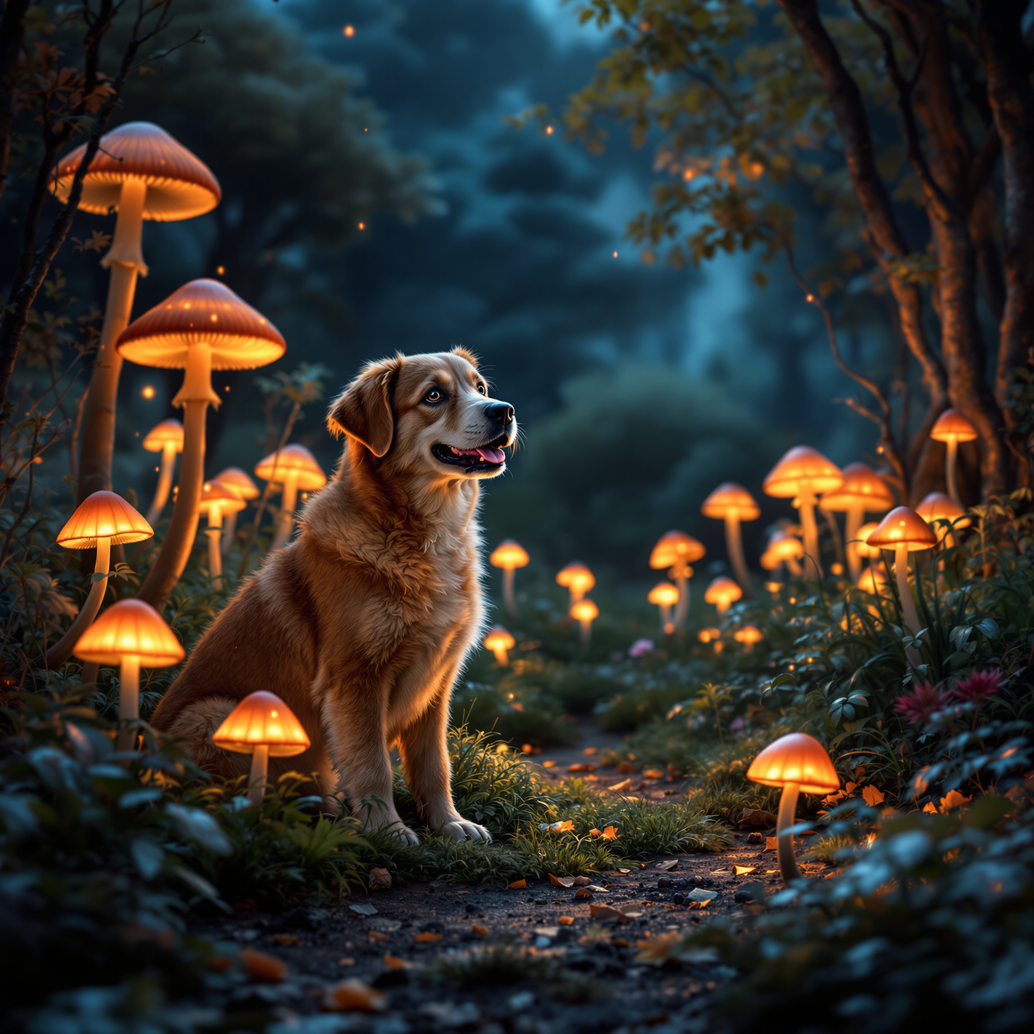 A dreamlike image of a talking dog in a garden with glowing mushrooms