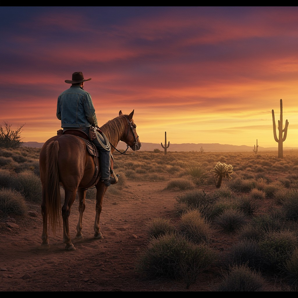 A classic Western scene with a cowboy on horseback, looking over a desert landscape