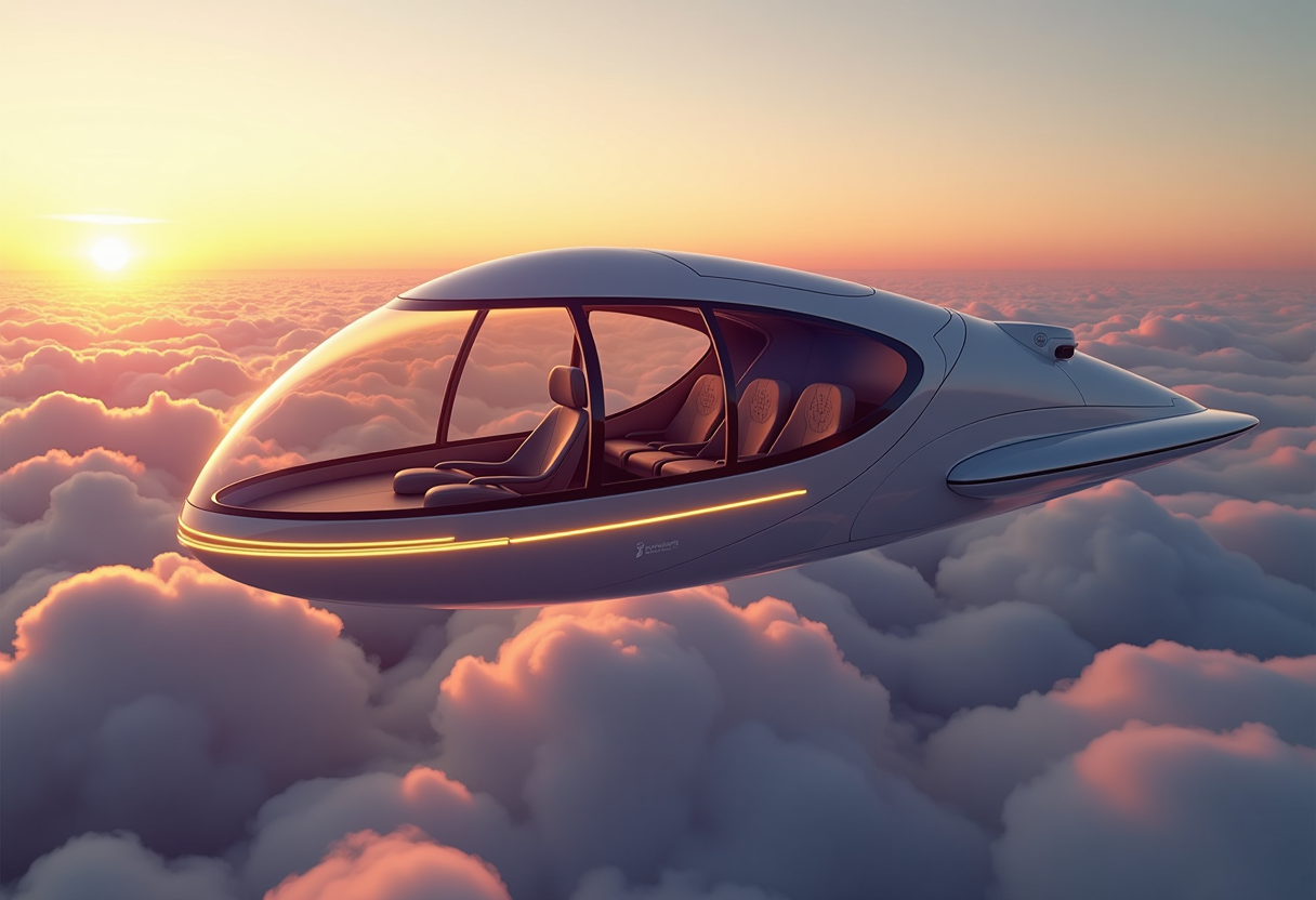 A futuristic sci-fi transportation pod flying high above the clouds during sunset. The pod has a sleek, curved design with a transparent glass exterior, allowing passengers to enjoy panoramic views. The sky is filled with soft clouds bathed in warm golden and pink hues, with stars beginning to appear in the sky. The pod's interior is luxurious with modern seats and ambient lighting, creating a sense of advanced technology and comfort. The exterior features smooth metallic surfaces and glowing light strips, enhancing the futuristic aesthetic.
