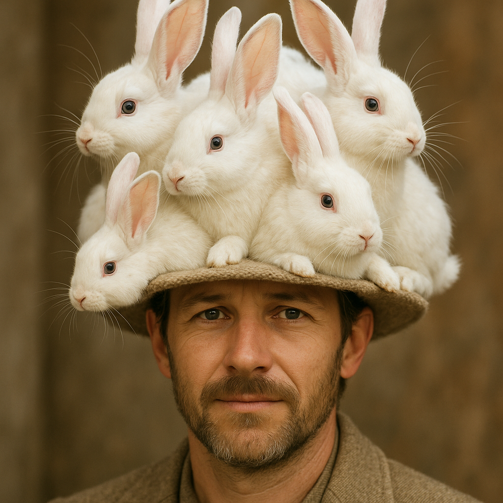 Example: A photo of a man in a hat that's made out of rabbits