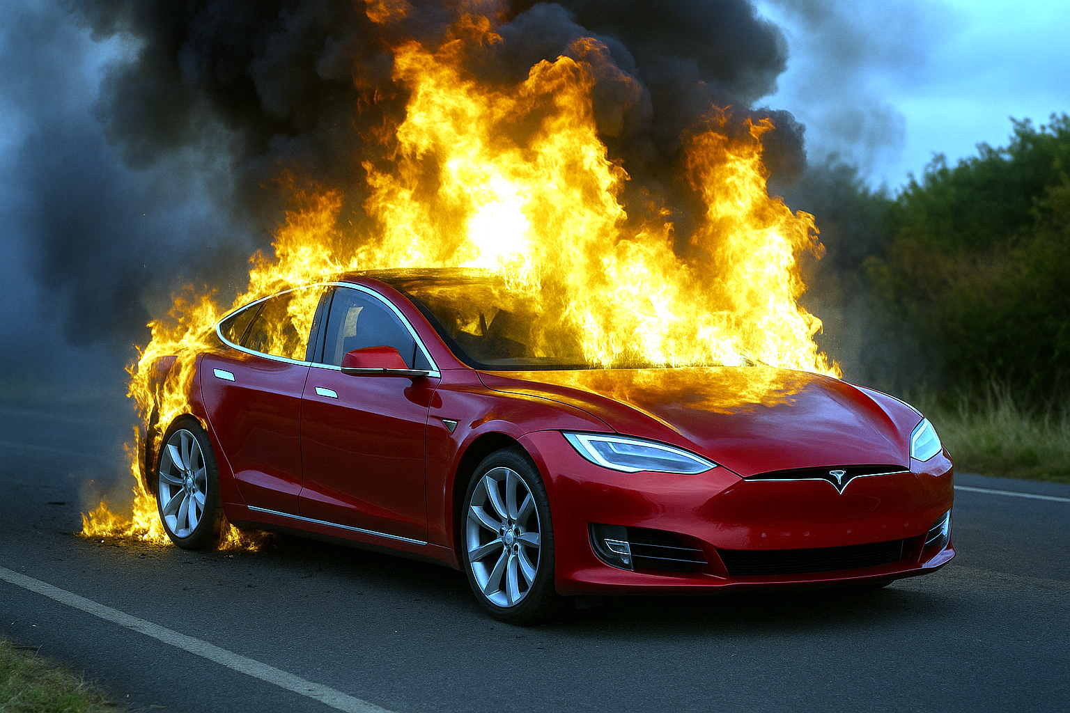 a red tesla model s on fire
