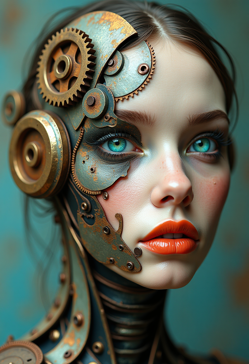A surreal, half-female facial representation combining mechanical elements with human traits. The left half of the face consists of gears, metal and rusty parts, while the right half shows realistic painted skin. The bright turquoise eye and orange lips are conspicuous. The picture that shows the fading color. conveys a mixture of man and machine, steampunk