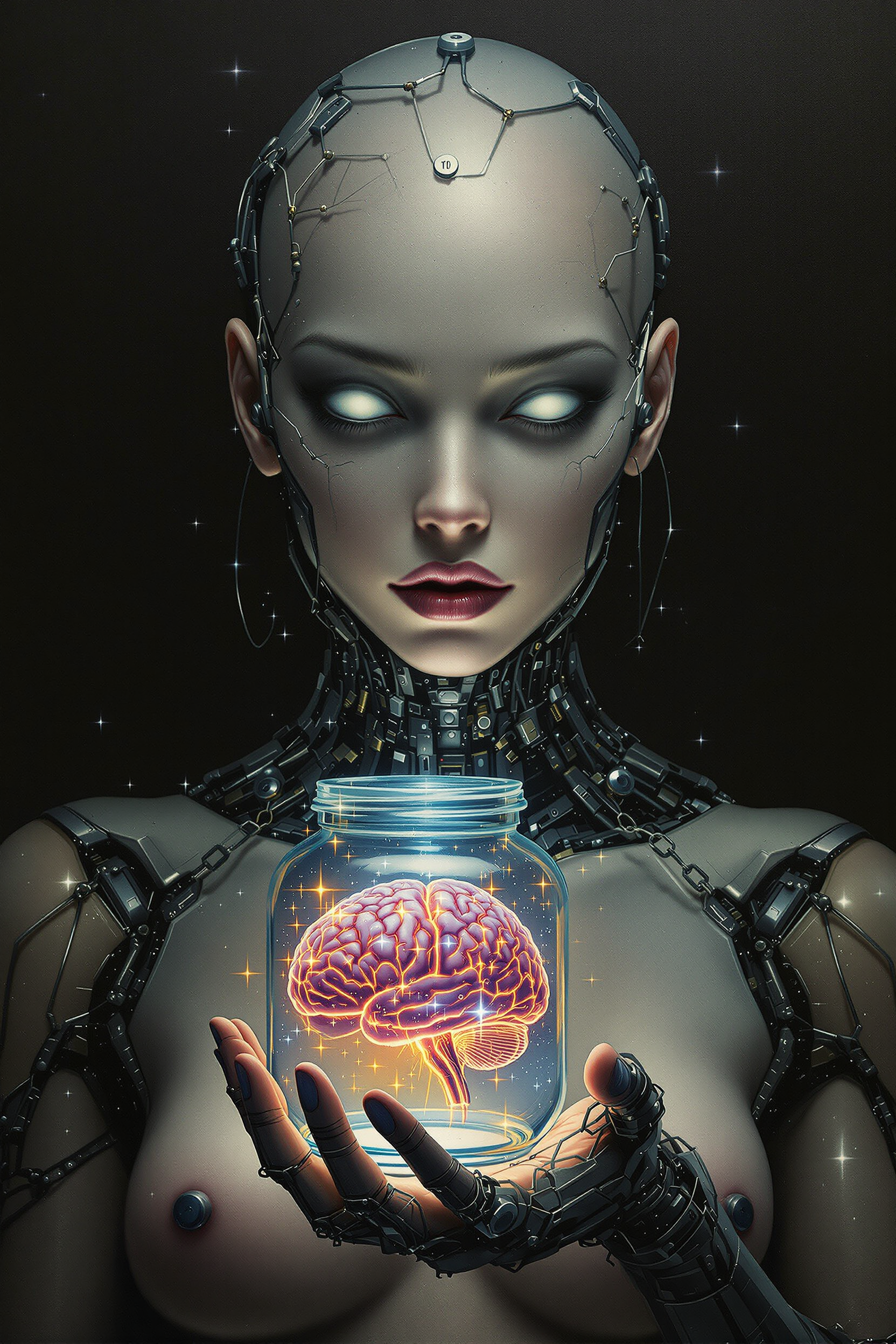 oil painting, sfumato and futuristic: fear chained in mechanical beauty. the whole figure of a woman - with empty, white eyes, she is bald, with a clearly textured face, she holds in her hand a sparkling life-size brain in a glass jar - a symbol of a soul taken out of the body. Every wire on her body is a bond, not an ornament. This is fear - deep and silent. Fear of being conscious but without will. Fear locked in perfect form. Beauty that hurts. ultra-detailed hd