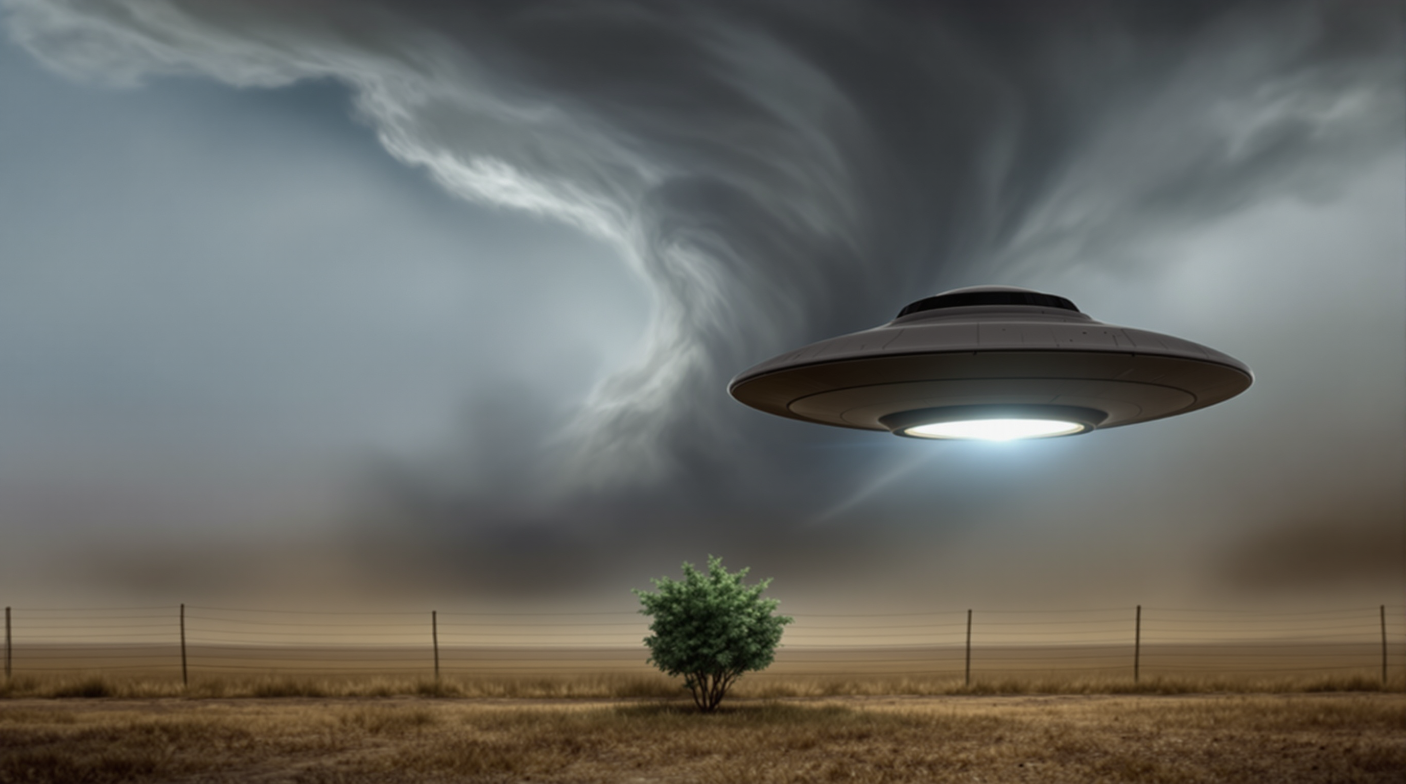 This image depicts a dramatic and somewhat surreal scene, with a focus on a large, menacing tornado in the sky and a flying saucerlike object hovering in the foreground. The art style appears to be a realistic portrayal with a cinematic quality, likely intended to evoke a sense of awe and perhaps a touch of mystery or tension.Medium The image seems to be a digital creation, given the clarity and sharpness of the details. It could be a still from a video or a highresolution photograph.Colors The colors in the image are quite muted, with a predominance of grays and browns, which gives the scene a somewhat ominous and foreboding atmosphere. The sky is a washedout blue, which contrasts with the darker clouds and the earthy tones of the landscape below. The flying saucer is a dark, metallic color, which stands out against the lighter background.Objects in the Image1. Tornado The focal point of the image is a large, twisting tornado that stretches from the clouds into the ground. The tornado is depicted with a swirling funnel that is visible from the top of the clouds down to the earth. The swirling clouds are a mix of dark and light grays, with a brownish hue near the ground, indicating the presence of dust or debris.2. Flying Saucer In the foreground, there is a flying saucerlike object hovering motionlessly in the air. It has a classic saucer shape with a flat bottom and a slightly domed top. The object is dark in color, with a metallic sheen, and it is emitting a bright light from underneath, which is illuminating the object and casting a shadow on the ground.3. Landscape The landscape below the tornado and flying saucer is sparse and barren, with a mix of grass and dirt. There is a fence running parallel to the bottom edge of the image, and there is a small, green bush or shrub in the middle of the frame, which is the only sign of life in the otherwise desolate scene.Overall, the image creates a sense of awe and tension, with the contrast between the natural disaster and the mysterious flying object adding to the intrigue. The realistic portrayal and cinematic quality of the image make it appear as if it could be a scene from a science fiction movie or a documentary about unusual phenomena.