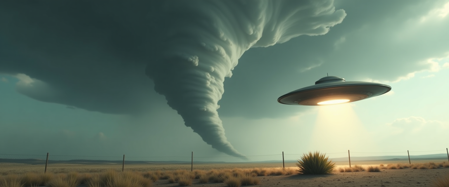 This image depicts a dramatic and somewhat surreal scene, with a focus on a large, menacing tornado in the sky and a flying saucerlike object hovering in the foreground. The art style appears to be a realistic portrayal with a cinematic quality, likely intended to evoke a sense of awe and perhaps a touch of mystery or tension.Medium The image seems to be a digital creation, given the clarity and sharpness of the details. It could be a still from a video or a highresolution photograph.Colors The colors in the image are quite muted, with a predominance of grays and browns, which gives the scene a somewhat ominous and foreboding atmosphere. The sky is a washedout blue, which contrasts with the darker clouds and the earthy tones of the landscape below. The flying saucer is a dark, metallic color, which stands out against the lighter background.Objects in the Image1. Tornado The focal point of the image is a large, twisting tornado that stretches from the clouds into the ground. The tornado is depicted with a swirling funnel that is visible from the top of the clouds down to the earth. The swirling clouds are a mix of dark and light grays, with a brownish hue near the ground, indicating the presence of dust or debris.2. Flying Saucer In the foreground, there is a flying saucerlike object hovering motionlessly in the air. It has a classic saucer shape with a flat bottom and a slightly domed top. The object is dark in color, with a metallic sheen, and it is emitting a bright light from underneath, which is illuminating the object and casting a shadow on the ground.3. Landscape The landscape below the tornado and flying saucer is sparse and barren, with a mix of grass and dirt. There is a fence running parallel to the bottom edge of the image, and there is a small, green bush or shrub in the middle of the frame, which is the only sign of life in the otherwise desolate scene.Overall, the image creates a sense of awe and tension, with the contrast between the natural disaster and the mysterious flying object adding to the intrigue. The realistic portrayal and cinematic quality of the image make it appear as if it could be a scene from a science fiction movie or a documentary about unusual phenomena.