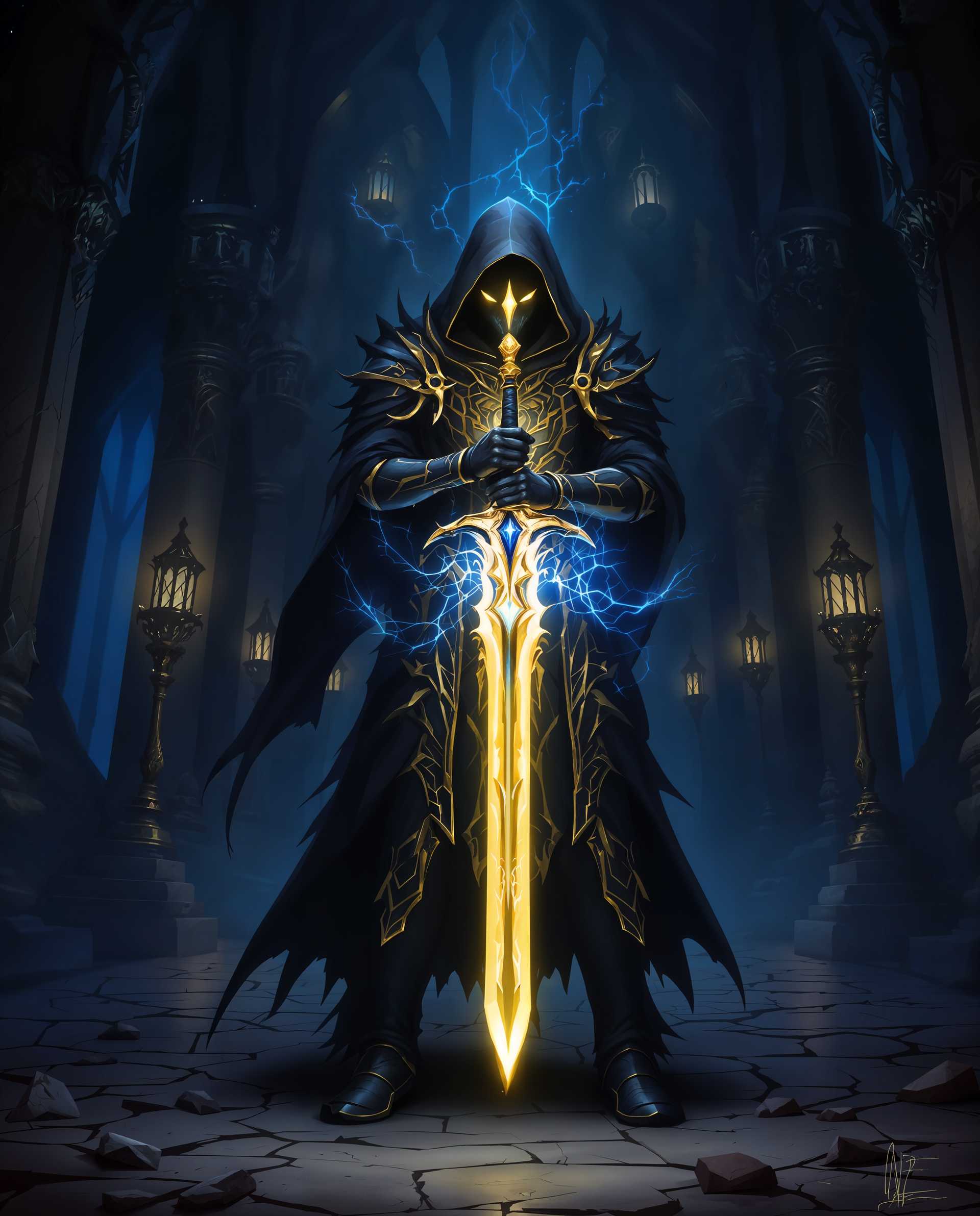 masterpiece, best quality, highres, sharp image, more detail <lora:more_details:0.5> <lora:SDXLrender_v2.0:1>, masterpiece, best quality, highres, sharp image, more detail, This image is a digital artwork that exudes a sense of fantasy and mystique. The art style is reminiscent of high fantasy, with a focus on intricate details and a rich, atmospheric color palette. The medium appears to be digital painting, given the smooth gradients and the lack of texture that one might expect from traditional mediums like oil or acrylic. The colors in the image are predominantly dark and moody, with a few vibrant highlights that add contrast and draw the eye. The dominant colors are shades of blue, black, and gold, which together create a sense of depth and richness. The blue hues are particularly striking, with a luminescent quality that gives the image a magical feel. The gold accents provide a warm, inviting contrast, and they are strategically placed to draw attention to the central figure and the sword.The objects in the image are numerous and contribute to the overall sense of grandeur and power. At the forefront, there is a figure cloaked in darkness, with only the eyes glowing with an eerie blue light. The figure is adorned in ornate armor, with intricate patterns and designs that suggest a high status or special significance. The armor is primarily black with gold trim, and it is detailed with what appear to be scales or feathers, adding to the otherworldly aesthetic.The figure is holding a radiant sword that pulses with energy, casting a glow that illuminates the surrounding darkness. The sword is the centerpiece of the composition, drawing the viewers gaze and suggesting its importance. It has a doubleedged blade with a hilt that is equally ornate, with gemstones and metalwork that catch the light.In the background, there is a grand, gothic structure that serves as a backdrop for the scene. The architecture is rich and detailed, with pointed arches, intricate carvings, and a sense of depth that is enhanced by the play of light and shadow. The structure is adorned with lanterns that emit a soft, blue light, contributing to the overall atmosphere of the image.The floor beneath the figure is cracked and broken, with shards of stone scattered across the surface. This adds to the sense of age and history, as if the figure has been standing there for an eternity, guarding the sword and the secrets it may hold.Overall, the image is a powerful and evocative piece of fantasy art that captures the imagination and invites the viewer to ponder the story behind the figure, the sword, and the mysterious world they inhabit.