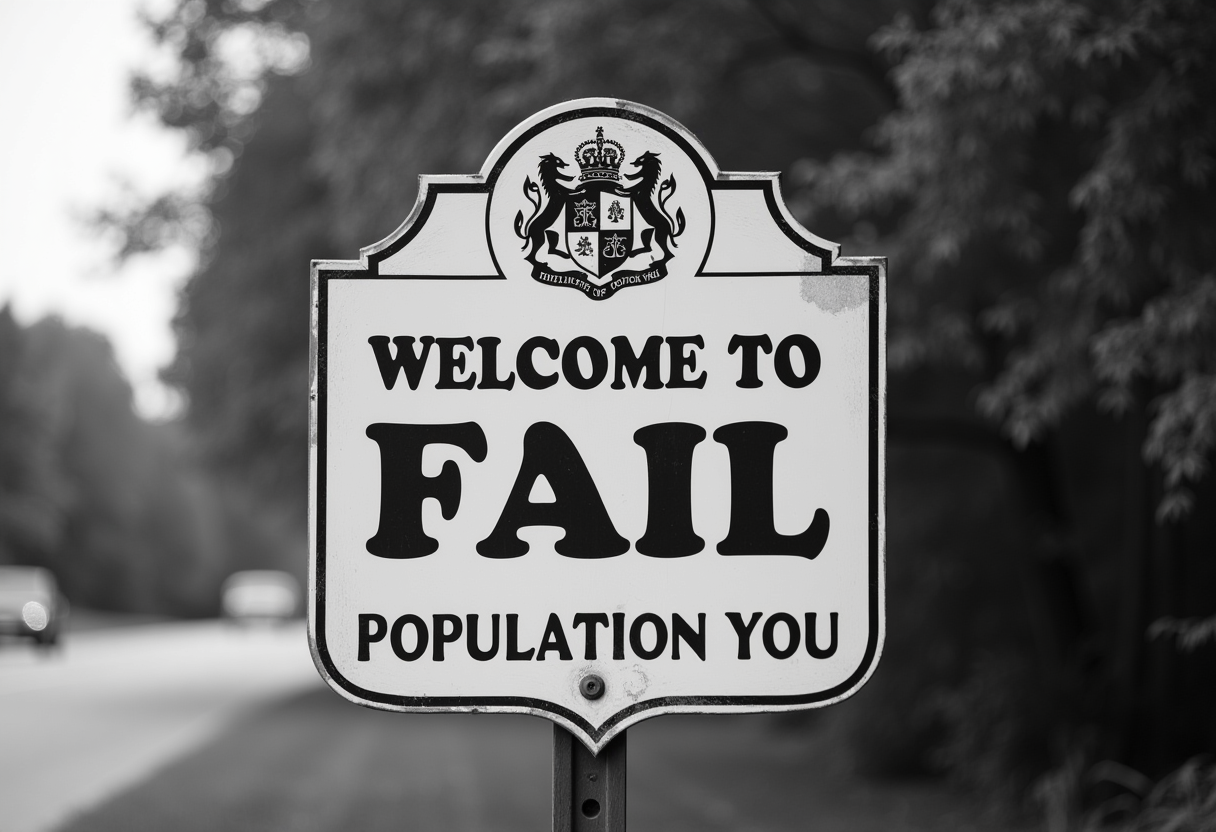 This image is a black and white photograph of a sign. The sign has a shieldlike top with a crest in the center, which is a common design element for heraldic or official signs. The sign reads WELCOME TO FAIL in bold, capital letters at the top, and POPULATION YOU at the bottom. The font is straightforward and sansserif, which gives the sign a modern and somewhat humorous feel.The medium of the image is photography, capturing the sign in a realistic and documentary style. The colors in the image are limited to black and white, which gives it a classic and timeless quality. The black and white tones also emphasize the contrast between the text and the background, making the message stand out.The objects in the image are primarily the sign itself and the environment around it. The sign is mounted on a post, and the background is a blurred natural setting with trees and foliage, suggesting that the sign is located outdoors, possibly at the entrance to a small community or a rural area. The signs message is a play on the typical welcoming sign one might expect to see, which makes it the focal point of the image. The humor in the sign comes from the unexpected and ironic twist on the usual message of hospitality one would find in such a location.