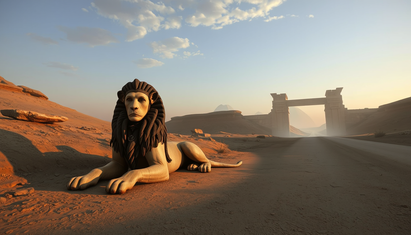 ArtPhoto style, 

A Greek sphinx lounging beside a dusty desert road near a crumbling stone gateway, her lion body casting a long shadow in the evening sun.