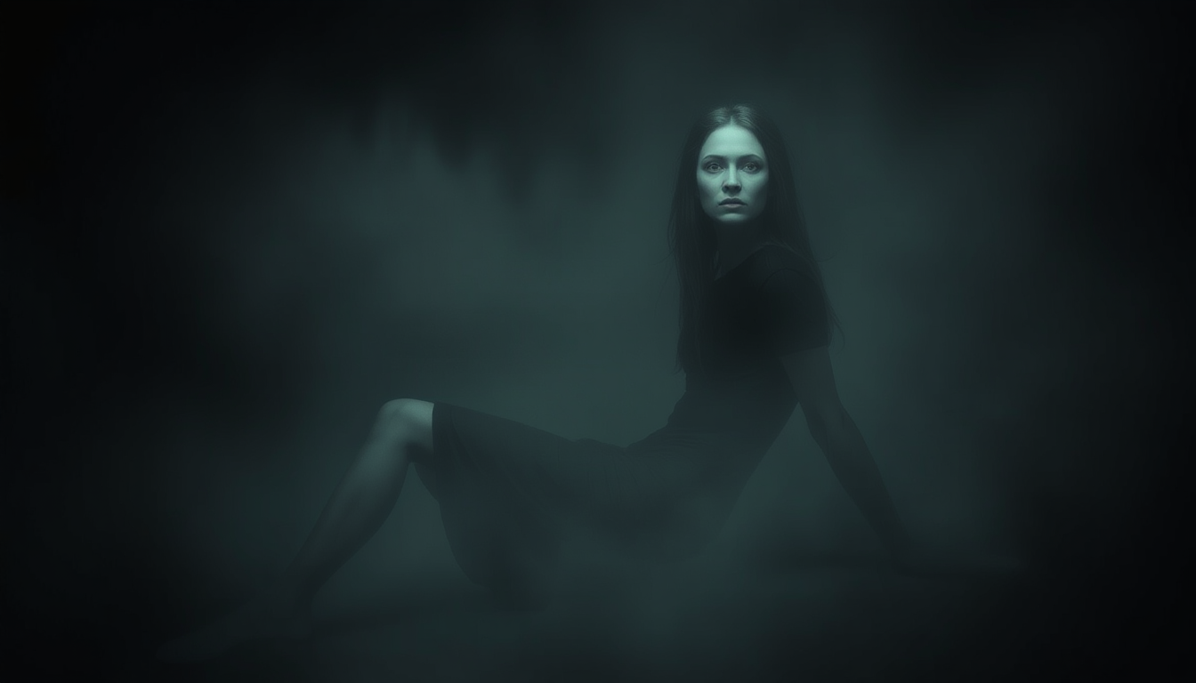 ArtPhoto style, misty, mysterious,  weird, anxious, twisted. long legged model