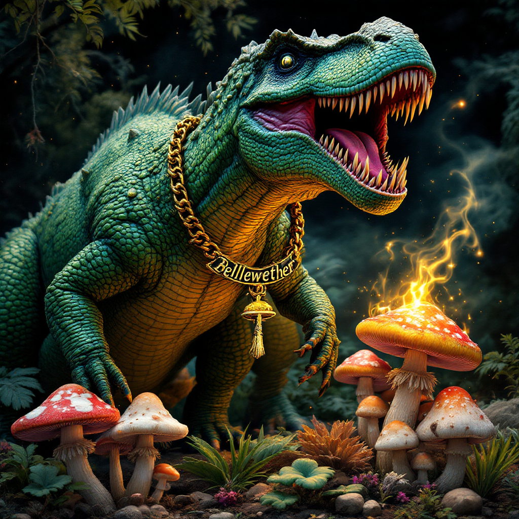 A dinosaur with a gold chain that reads “bellwether” trippin on some magic mushrooms
