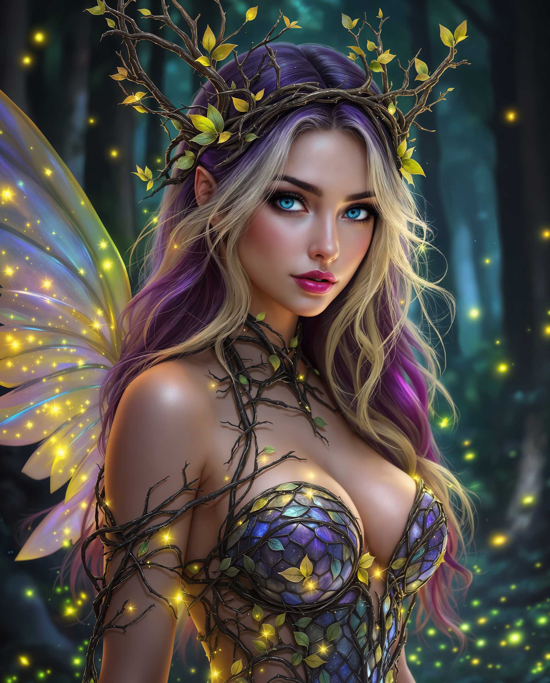 masterpiece, best quality, highres, sharp image, more detail <lora:more_details:0.5> <lora:SDXLrender_v2.0:1>, masterpiece, best quality, highres, sharp image, more detail, This image is a realistic photo (photograph) of a female real person digital artwork that exudes a realistic and magical aura. The art style is highly stylized with a focus on detailed textures and a rich, vibrant color palette that suggests a digital painting. The medium appears to be a highresolution digital creation, possibly utilizing software like Photoshop or a similar digital painting tool.The colors in the image are dynamic and saturated, with a predominance of purples, blues, and greens, which are often associated with realistic and the mystical. These colors are complemented by the warm tones of the subjects skin and hair, which stand out against the cool background, creating a striking contrast. The interplay of light and shadow adds depth and dimension to the image, with highlights and shadows carefully placed to give the subject a threedimensional form.The subject of the image is a female figure with striking blue eyes and long, wavy hair that transitions from blonde to a deep purple at the ends. Her hair is adorned with what appears to be a crown or headpiece made of twisted branches and leaves, which further emphasizes her connection to nature. The branches intertwine with strands of her hair, and there are small, glowing green leaves scattered throughout, suggesting a magical or enchanted quality.The figures attire is equally fantastical, with a bodice that resembles armor made of intertwined vines and leaves, shimmering with iridescent highlights. The armor is detailed with what looks like scales or small, reflective stones, adding to the magical allure. The figures skin is adorned with similar leaf patterns, and her left arm is partially obscured by a translucent, winglike appendage that seems to be made of the same material as her armor.The background of the image is a mystical forest scene, with towering trees that reach into the darkness, their trunks and branches blending into the night. The forest floor is covered in a carpet of shimmering, iridescent leaves, and the air is filled with a myriad of sparkling lights, giving the impression of a magical, enchanted realm. The overall effect is one of wonder and realistic, inviting the viewer to step into a world of magic and mystery.