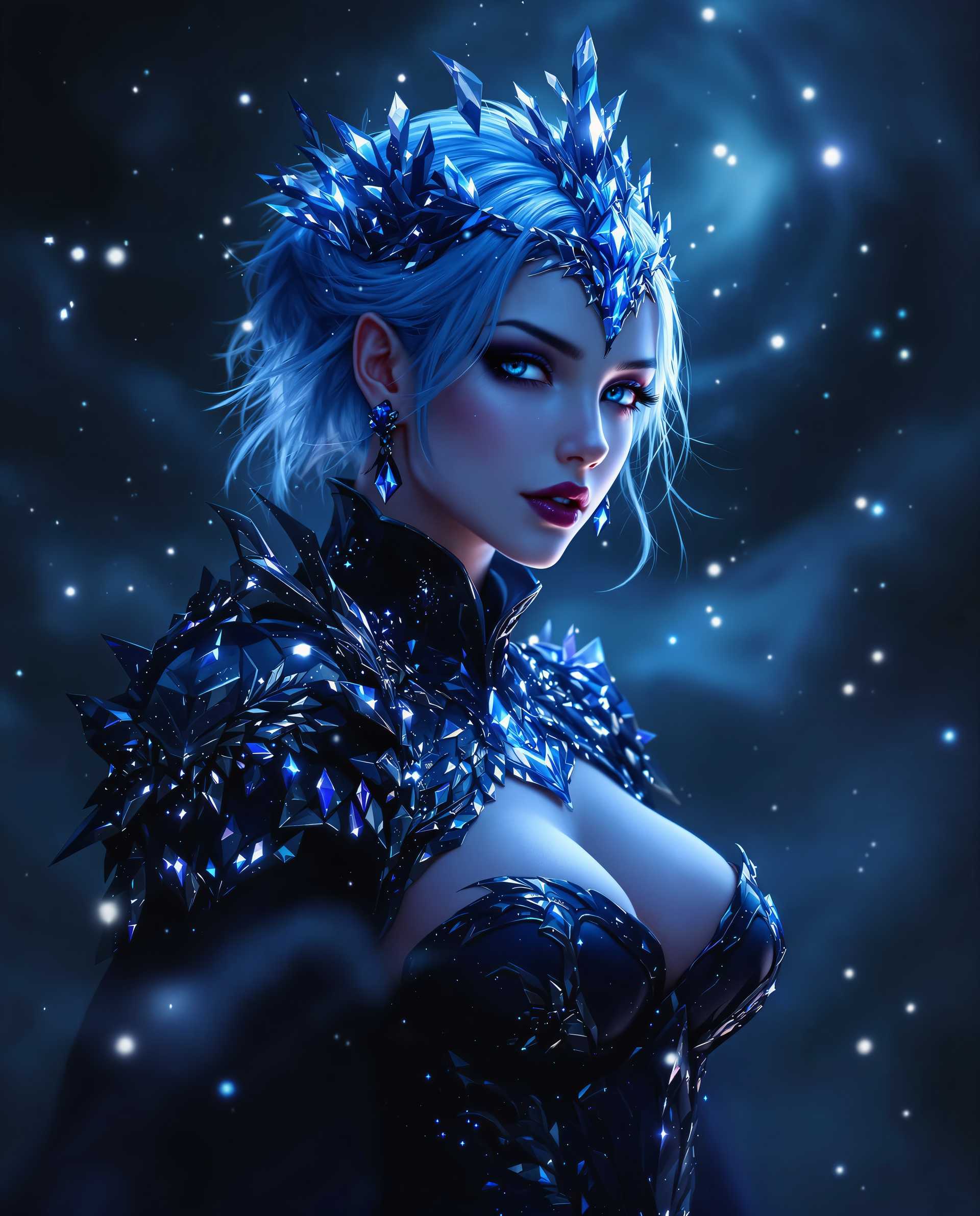 masterpiece, best quality, highres, sharp image, more detail <lora:more_details:0.5> <lora:SDXLrender_v2.0:1>, A hyper-realistic digital painting of a female figure exuding a gothic and otherworldly aura, captured in a dramatic and highly stylized art style reminiscent of modern fantasy portraiture. The composition focuses on intricate details and a masterful interplay of light and shadow, with dynamic lighting casting luminous highlights across the subject’s icy blue hair streaked with frosty white, and the ornate, armor-like garment she wears. The color palette is dominated by cool, dark tones of deep blue and purple, contrasted with stark black and pristine white accents, enhancing the eerie, gothic atmosphere.

The subject is positioned in a three-quarter view, with a slight upward camera angle that emphasizes her commanding presence. She is draped in a luxurious, textured garment featuring a high neckline and a fitted bodice, the fabric shimmering with crystalline embellishments that catch the light like scattered diamonds. The armor-like design of the garment is adorned with intricate patterns resembling scales or feathers, studded with reflective crystals or jewels that mirror the surrounding darkness. Her left arm is raised gracefully, her hand delicately touching an ornate headpiece crafted from the same crystalline material, adding to the ethereal and regal aesthetic.

The background is a swirling abyss of dark mist and illuminated particles, creating a supernatural environment with a sense of depth and movement. The falling particles are subtly lit by the radiant glow emanating from the subject, enhancing the magical ambiance. The mood is haunting yet captivating, set in a timeless, shadowy realm under an implied twilight or moonlit sky, with an overall atmosphere of mystery and enchantment.

Rendered with photorealistic precision, the image showcases smooth gradients and seamless color blending typical of high-end digital art. The focus on texture—shimmering fabrics, reflective crystals, and frosty hair—combined with dramatic chiaroscuro lighting, creates a visually striking and immersive portrait that balances realism with gothic fantasy.