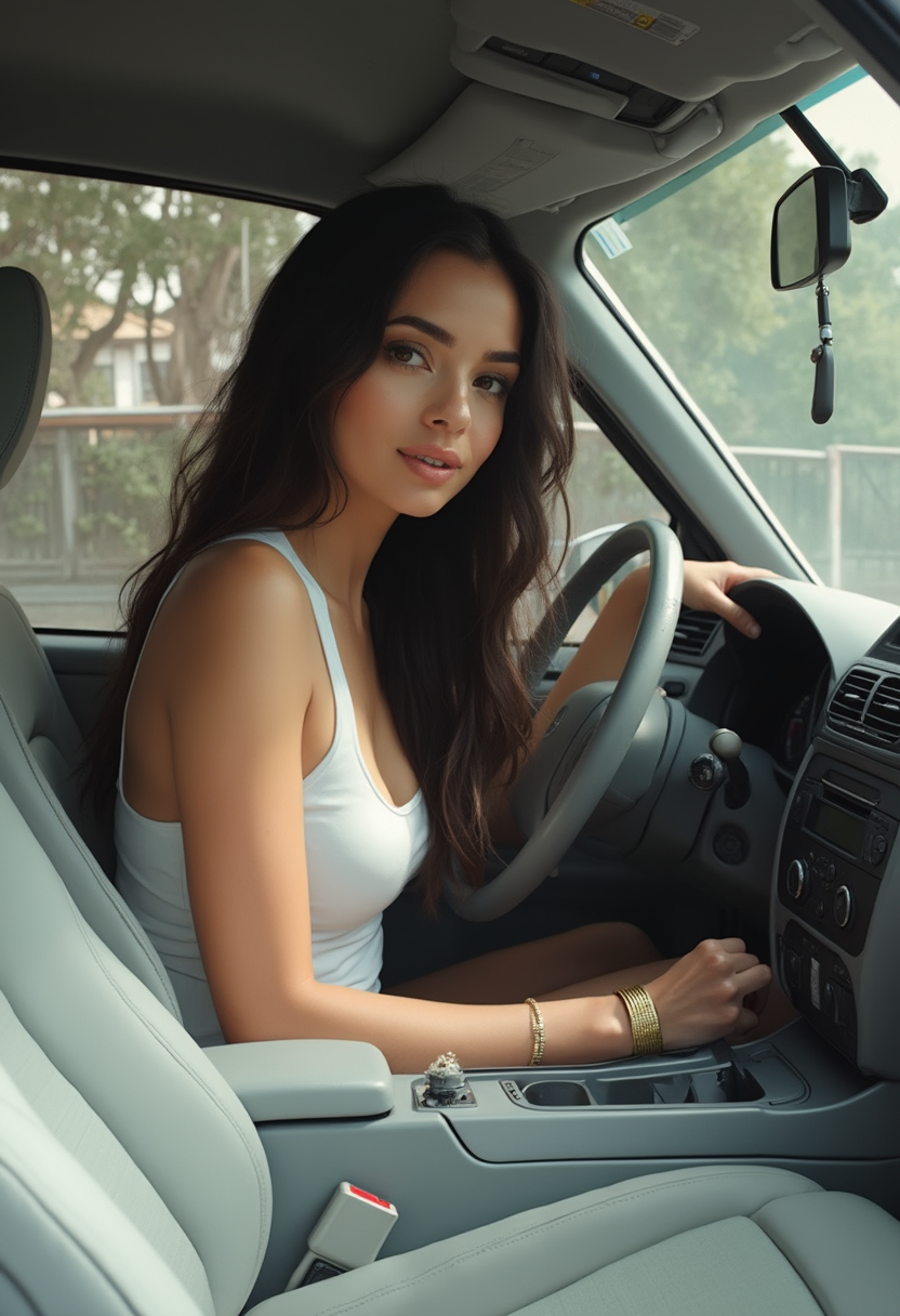 This image is a closeup photograph of a beautiful woman, looking at viewer, seated in the drivers seat of a car. The art style is realistic, capturing the details of the subject and the interior of the car with clarity. The medium appears to be a digital camera, given the sharpness and resolution of the image.The colors in the image are primarily neutral and muted, with the exception of the subjects clothing, which adds a pop of color. The interior of the car is primarily gray, with the seats and dashboard appearing to be a light shade of gray. The subject is wearing a white tank top, which stands out against the cars interior.There are several objects visible in the image. The most prominent is the subject, who is wearing a white tank top and has long, dark hair. The subjects left arm is visible, with a gold bracelet on the wrist. The cars interior includes the steering wheel, dashboard, and passenger seat. The dashboard has air vents and what appears to be a stereo system. The passenger seat is in the background, with the headrest visible. The cars windows are slightly tinted, and the outside view through the window shows trees and a fence, indicating that the car is parked in a residential area.