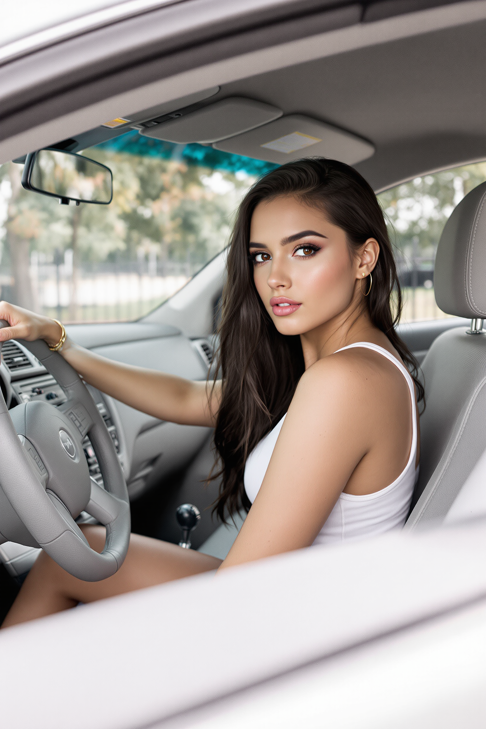 This image is a closeup photograph of a beautiful woman, looking at viewer, seated in the drivers seat of a car. The art style is realistic, capturing the details of the subject and the interior of the car with clarity. The medium appears to be a digital camera, given the sharpness and resolution of the image.The colors in the image are primarily neutral and muted, with the exception of the subjects clothing, which adds a pop of color. The interior of the car is primarily gray, with the seats and dashboard appearing to be a light shade of gray. The subject is wearing a white tank top, which stands out against the cars interior.There are several objects visible in the image. The most prominent is the subject, who is wearing a white tank top and has long, dark hair. The subjects left arm is visible, with a gold bracelet on the wrist. The cars interior includes the steering wheel, dashboard, and passenger seat. The dashboard has air vents and what appears to be a stereo system. The passenger seat is in the background, with the headrest visible. The cars windows are slightly tinted, and the outside view through the window shows trees and a fence, indicating that the car is parked in a residential area.