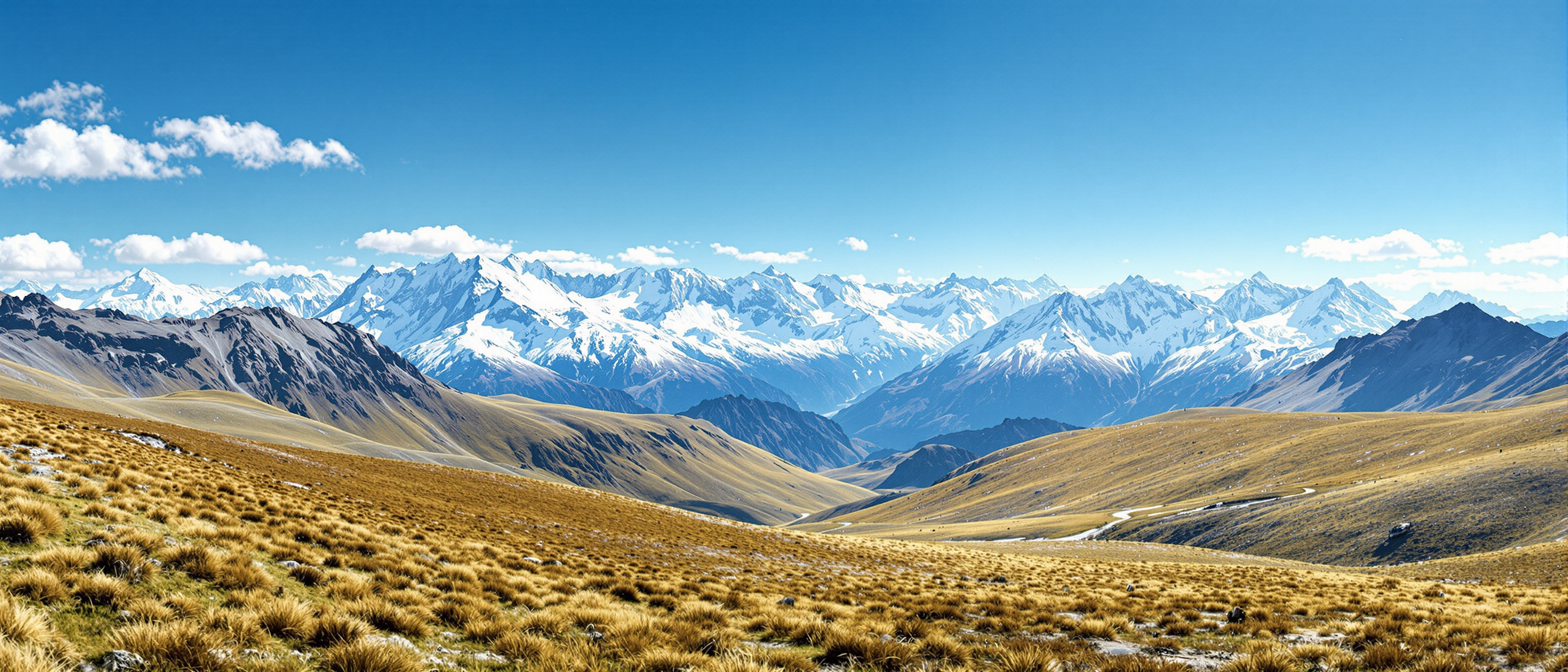 A breathtaking panoramic view of a pristine mountainous landscape under a vivid, clear blue sky, captured in a hyper-realistic digital photography style. In the distance, snowcapped peaks dominate the horizon, their rolling edges sharply defined against the sky, with intricate textures of snow and rock highlighted by subtle gradations of white, pale grey, and soft blue shadows, reflecting the interplay of natural light at high altitude. The foreground features gently rolling hills blanketed in a mosaic of lush green and golden-brown grasses, their colors suggesting a transition of seasons, with fine details of individual blades and patches creating a sense of organic depth. The composition is balanced, with the mountains centered as the focal point, while the undulating hills guide the viewer’s eye from the near ground to the distant rolling mountains, shot from a slightly elevated perspective to emphasize the vastness of the terrain. The sky above is a deep, saturated cerulean blue, adorned with a few delicate, wispy white clouds that drift lazily, their soft, feathery edges adding a touch of serenity. The lighting is natural and crisp, mimicking midday sun with a warm, even glow that casts gentle shadows across the landscape, enhancing the three-dimensional feel of the scene. The mood is one of tranquil wilderness, evoking a sense of untouched beauty and quiet solitude, with no signs of human presence to interrupt the raw grandeur of nature. The color palette is harmonious and vibrant, blending earthy tones of green and gold with the cool whites and blues of the mountains and sky, creating a striking yet cohesive visual narrative of natural splendor, rendered with ultra-high detail, sharp focus, and a cinematic depth of field.