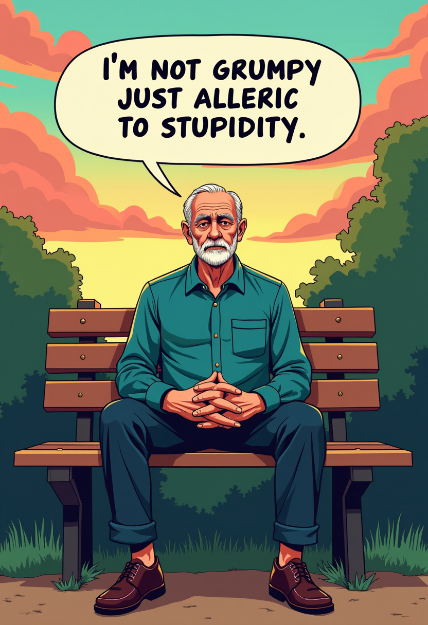 Example: This image is a digital illustration that features a old senior character seated