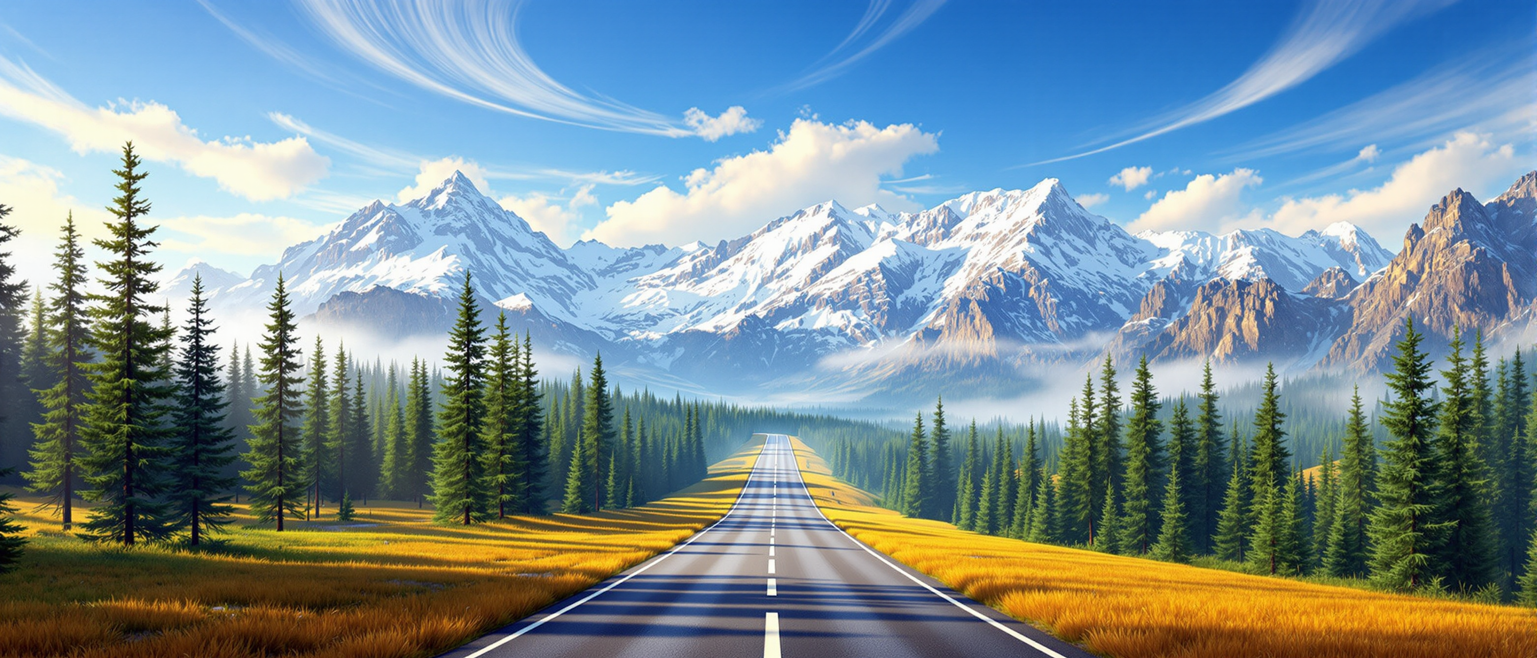 This image captures a breathtaking landscape that exudes tranquility and natural beauty. The art style is realistic, with a focus on the interplay of light, shadow, and texture to create a lifelike representation of the scene.The medium appears to be a highresolution photograph, showcasing the fine details of the environment. The colors are vibrant and harmonious, with a palette that includes deep greens of the coniferous trees, the golden hues of the grasses, and the stark whites and blues of the snowcapped mountains and the sky. The contrast between these colors adds depth and dimension to the image.The objects in the image are numerous and diverse. In the foreground, there is a straight, wellmaintained road that cuts through the landscape, suggesting a path for travelers to explore the natural beauty surrounding them. Along the road, there are patches of grass that transition from green to a golden yellow, indicating the change of seasons or the presence of different types of grass.On either side of the road, there are dense forests of coniferous trees, their needles casting shadows on the ground and creating a sense of depth. The trees are tall and straight, with their trunks disappearing into the mist that clings to the lower slopes of the mountains. The mist adds a mystical quality to the scene, blurring the lines between the sky and the earth.In the distance, majestic mountains rise, their peaks capped with snow. The mountains are rugged and imposing, with steep cliffs and craggy faces that are softened by the wispy clouds drifting across the sky. The snowcovered peaks catch the sunlight, creating a dazzling display of light and shadow that adds to the grandeur of the scene.The sky is a clear, deep blue, with wispy clouds drifting lazily across the expanse. The clouds are light and fluffy, with edges that are softly illuminated by the sun, giving them a gentle glow.Overall, the image is a celebration of natures beauty and the tranquility that can be found in the wilderness. The realistic portrayal of the landscape, with its vivid colors and intricate details, invites the viewer to immerse themselves in the scene and feel the peacefulness that it exudes.