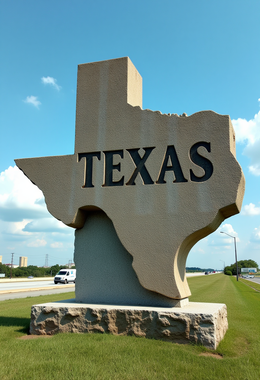 This image depicts a extreamly weathered stone monument in the shape of the state of Texas. The monument is standing on a grassy field with a clear blue sky in the background. The stone has a rough texture and shows signs of erosion and weathering, giving it an aged appearance.The monument is inscribed with the word TEXAS in capital letters, which is carved into the stone. The letters are bold and stand out against the background, with a slight shadow indicating a light source coming from the upper left side of the image.The colors in the image are primarily earthy tones, with the stone appearing in various shades of gray and brown. The green of the grass and the blue of the sky provide a contrast to the stone, while the white of the clouds adds a touch of brightness to the sky.In the background, there is a road with vehicles passing by, and in the distance, there are industrial buildings, suggesting that the monument is located near a highway or industrial area.The art style of the image is realistic, capturing the details of the stone and the textures of the grass and sky. The medium appears to be photography, as the image has a clear and sharp quality.Overall, the image conveys a sense of Texass rugged beauty and its location at the intersection of nature and industry.