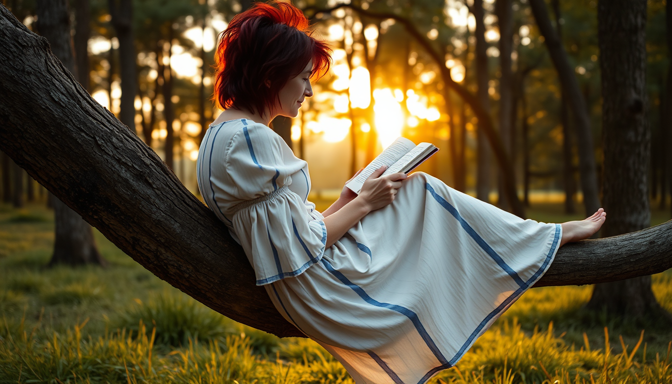 I_body_neutral, sideview of a woman, with short dark red messy haircut, wearing a long white dress with short sleeves in thick blue stripes, is in a forest, lying on a thick and long branch of a tree, the woman is reading a book, warm summer colors, the grass on the ground is visible, sunset, hyper realism, photography, lights and shadows