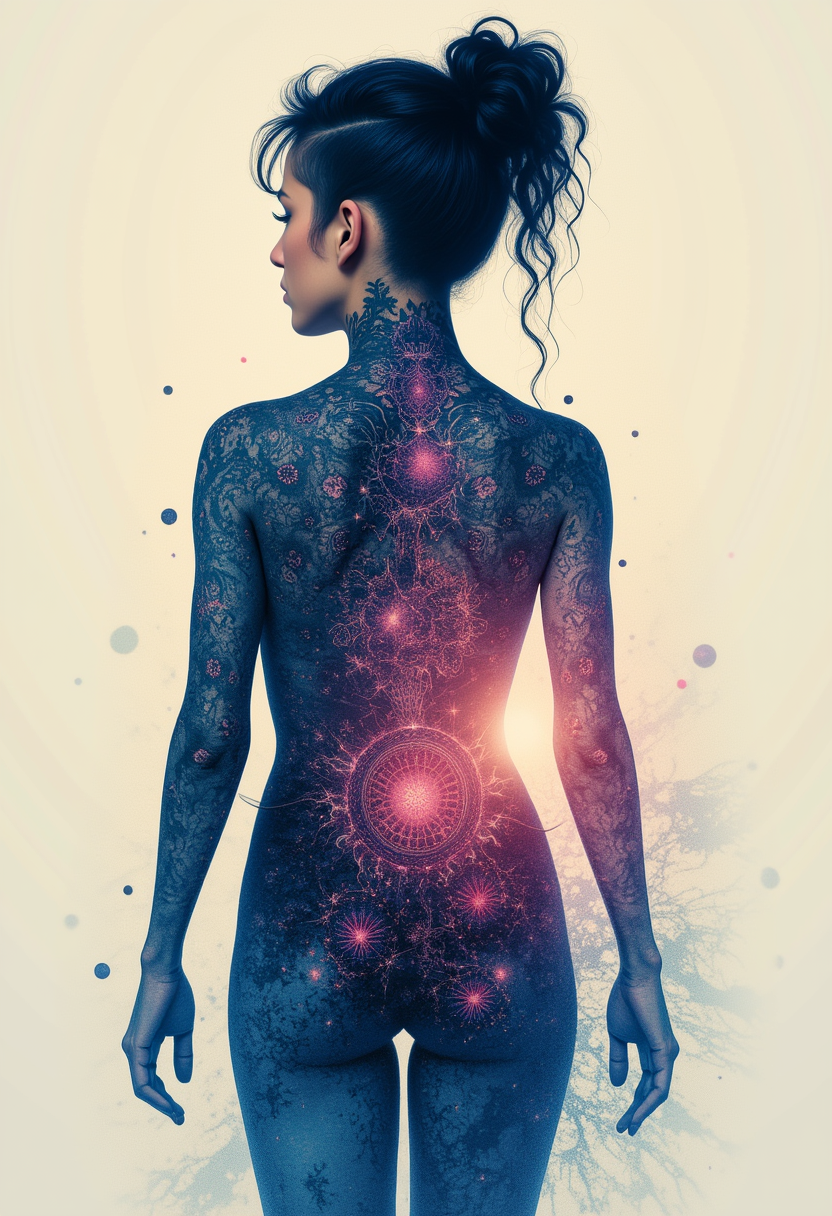 Kira-Lux-Flux, Betsy Braddock-inspired silhouette exhibiting surreal mood through double exposure, back view flaunting an exquisite fractal tattoo, set against a panpsychic, utopic connectome landscape teeming with hylozoic techno structures, indigo ink splash lacework, harmoniously intertwined dreamcore aesthetics with punk and rose elements, serenity crafted in her stance, gracefully positioned hands, fingers, legs, embodying texture-wave motifs, complemented by ferrofluid dynamics, multicolor prismatic shifts


