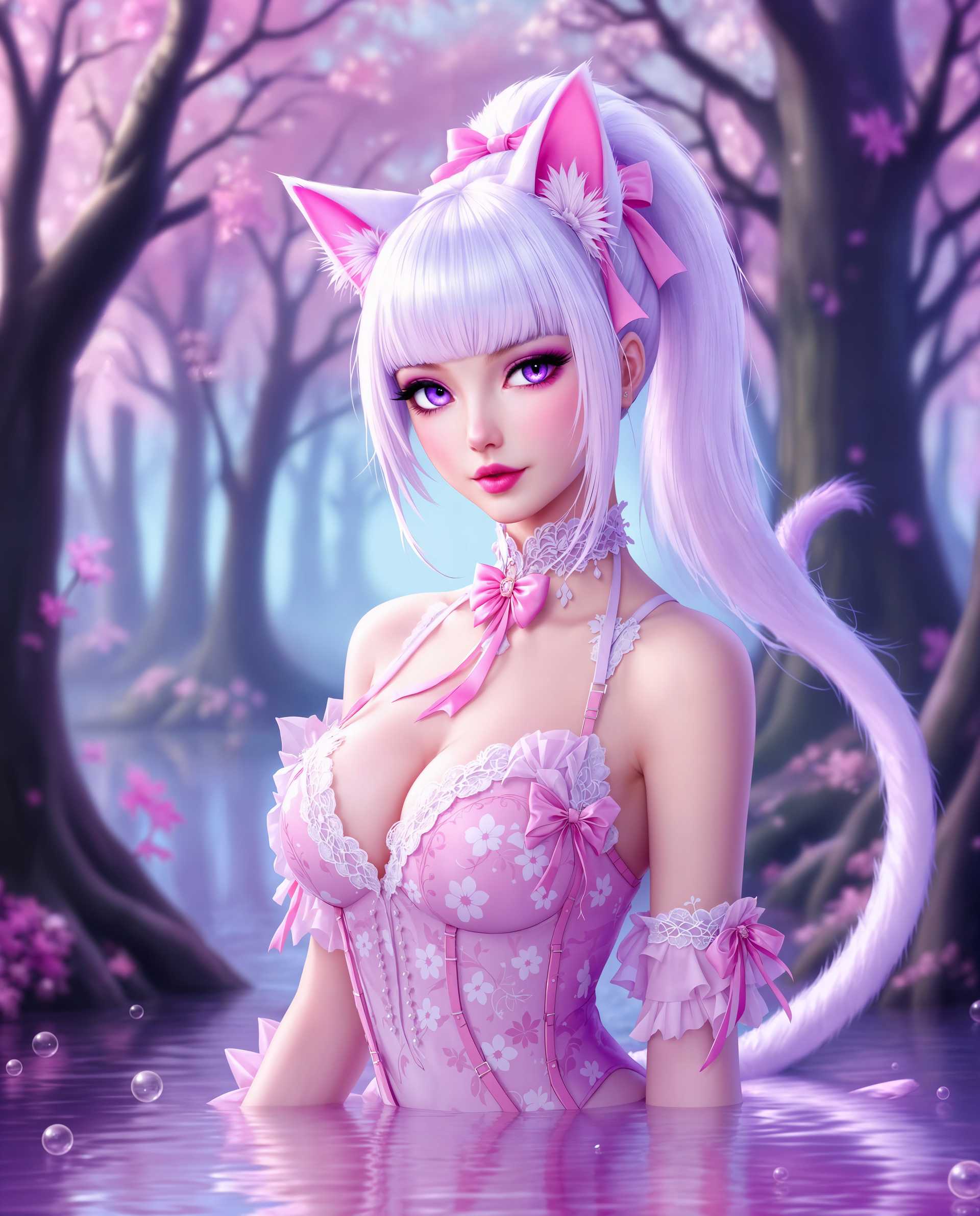 masterpiece, best quality, highres, sharp image, more detail <lora:more_details:0.5> <lora:SDXLrender_v2.0:1>, masterpiece, best quality, highres, sharp image, more detail, This is a realistic photo (photograph) of a female real person intricate and detailed photograph that features a central character with a realistic aesthetic. The character has a humanoid form with catlike ears and a tail, suggesting a possible mythical or magical creature. The hair is a gradient of white to a soft purple, with bangs that frame the face and a high ponytail secured with a bow. The eyes are a striking shade of purple, which is a common trait in realistic art to denote mystical or otherworldly powers.The medium appears to be a digital painting, given the smooth blending of colors and the lack of texture that might be present in traditional mediums like oil or watercolor. The character is wearing a detailed costume that seems to be made of a fabric with a floral pattern, predominantly in shades of pink and white. The costume has lace and ruffles, which add to the ethereal and delicate appearance of the character. The costume is designed to be formfitting, highlighting the curves of the body, and there are straps and bows that provide a sense of movement and dynamism.The background is a mystical forest scene, with trees that have a translucent quality, allowing light to filter through and create a dreamlike atmosphere. The colors are soft and pastel, with shades of pink, purple, and blue, which complement the characters costume and the magical aura she exudes. The ground is a reflective surface, likely water, with bubbles and ripples that add to the sense of movement and enchantment.Overall, the image is rich in detail, from the characters costume and hair to the intricate patterns and the magical forest backdrop. The use of color is vibrant and harmonious, creating a sense of realistic and wonder. The medium and style of the artwork contribute to the overall feeling of otherworldliness and enchantment.