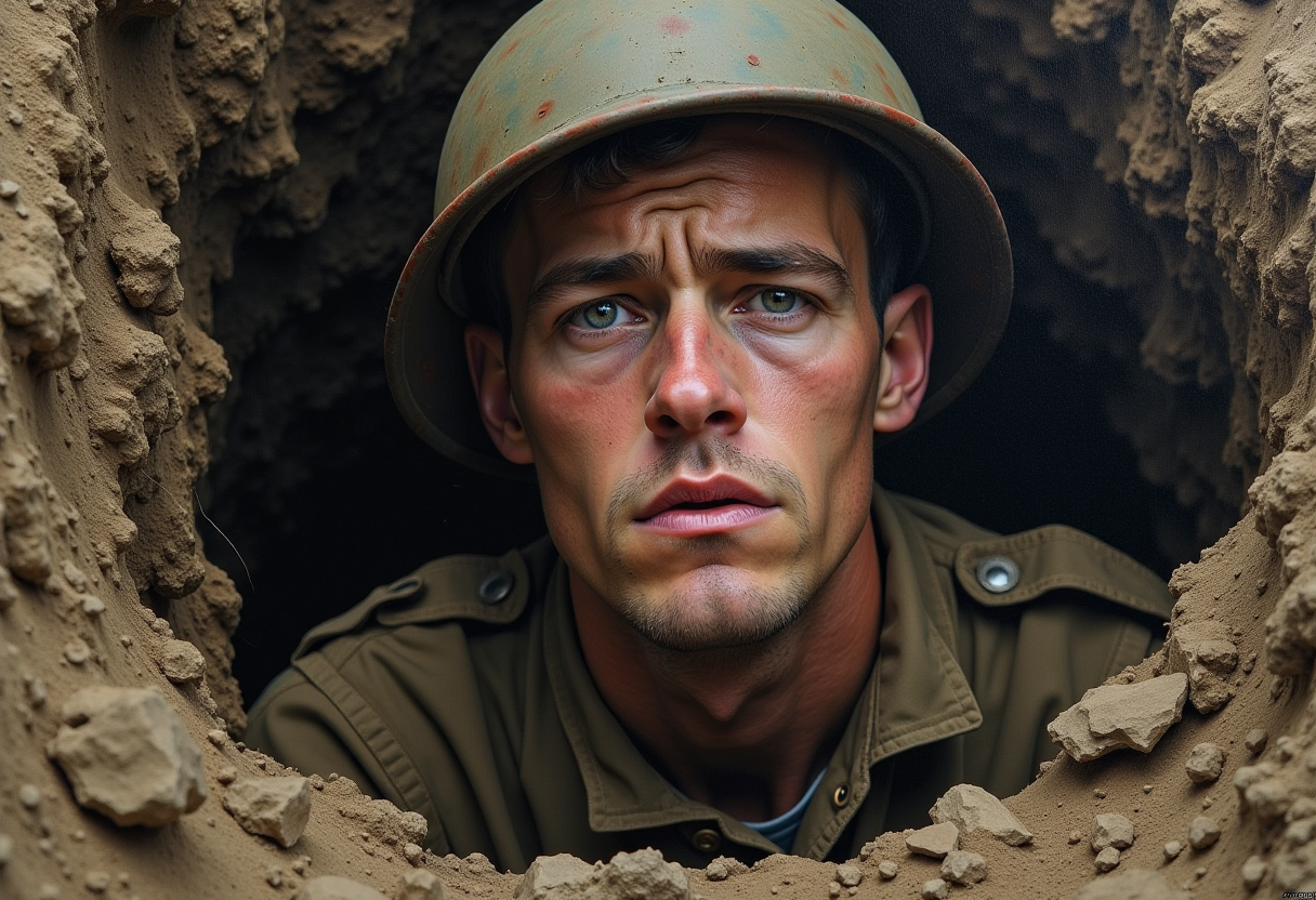 
Sfumato oil painting of dirty and tired face of a WW1 soldier in a trench. Pale and shellshocked, with blank, unfocused gaze.

