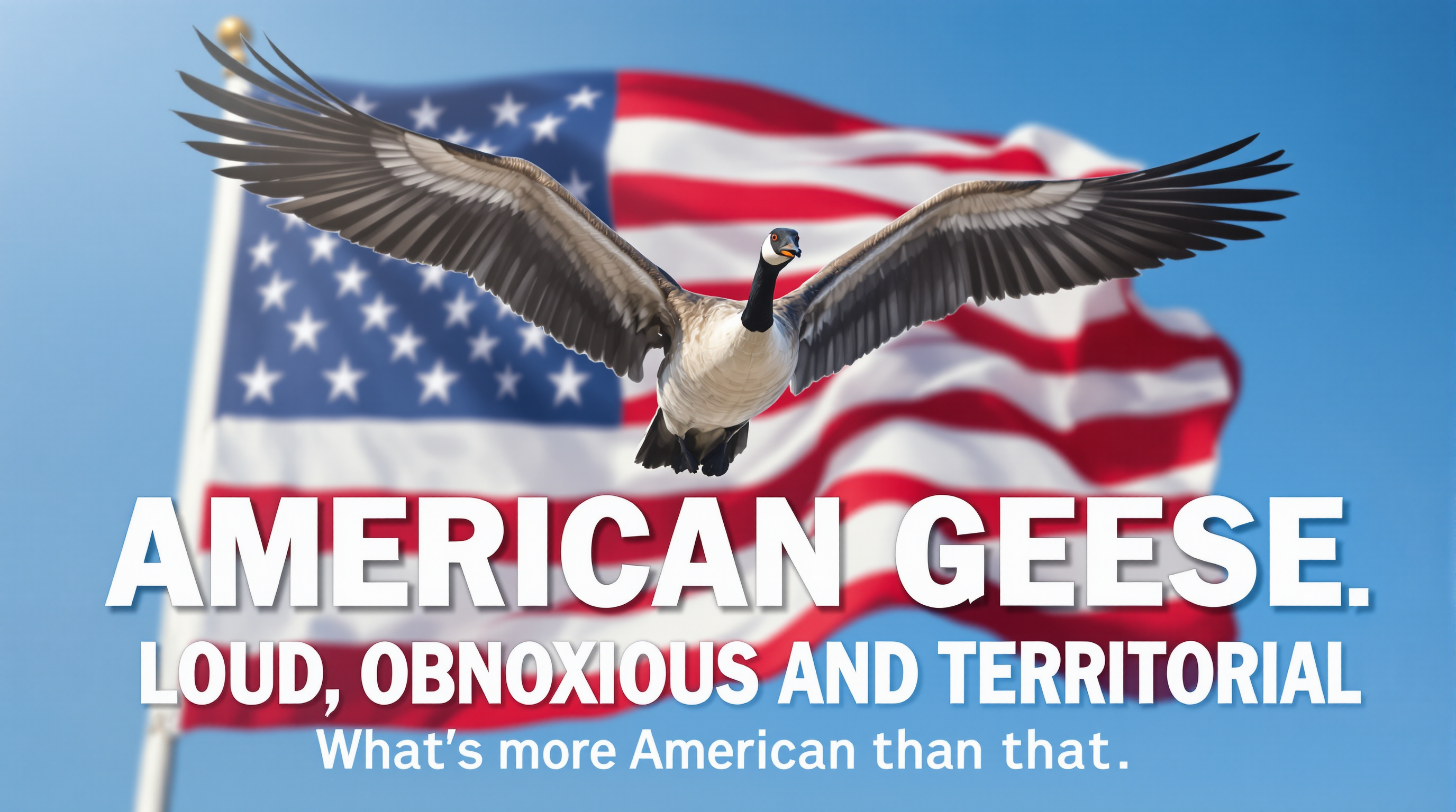 A hyper-realistic photograph of a majestic large Canada goose in mid-flight, its powerful wings fully extended. feathers catching the light, soaring directly above a large, vivid United States flag waving gently in the breeze. The flag's bold red and white stripes and deep blue field with white stars are slightly blurred at the edges to emphasize motion and depth. The goose is positioned centrally, captured from a low-angle perspective, making it appear dominant and imposing against a clear, bright blue sky with soft, natural sunlight illuminating the scene. The mood is bold and satirical, with a touch of humor and critique, evoking a sense of unapologetic presence. Overlaid across the bottom of the image is sharp, blocky white text in a modern sans-serif font reading "AMERICAN GEESE. LOUD, OBNOXIOUS AND TERRITORIAL, What's more American than that." contrasting against the vibrant colors of the flag. The composition is dynamic, with a shallow depth of field to keep the goose and text in crisp focus while the background flag retains a slightly softer texture, mimicking a high-quality DSLR shot with natural lighting and realistic color grading.