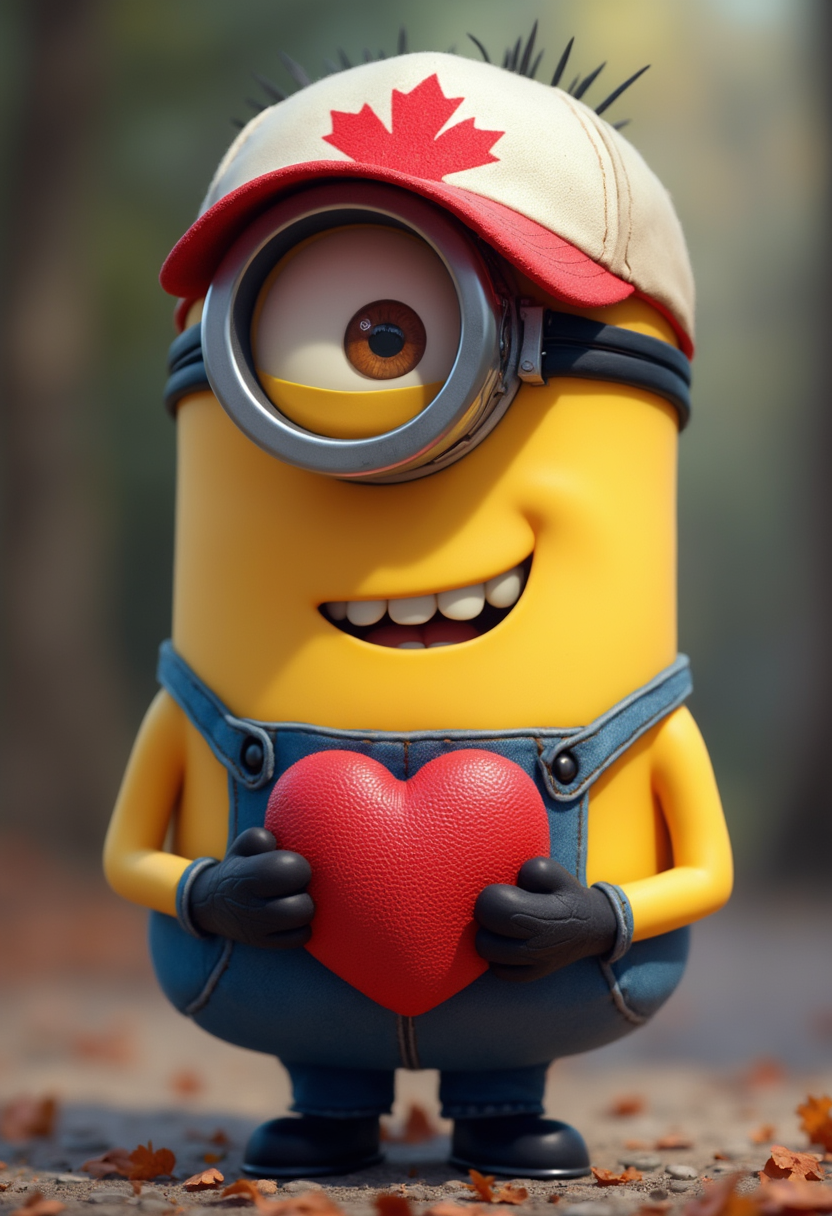 Create a minion wearing a baseball cap with a Canadian maple leaf 🍁  with a very happy smile to the viewer with a huge heart ❤️ love, 