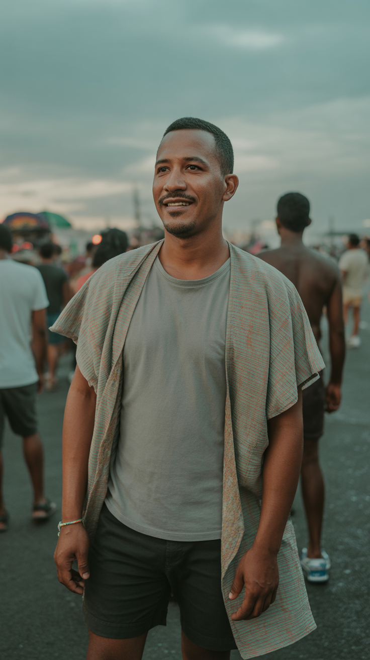Natural DSLR photography, eye-level medium shot of a 30-year-old man, wearing a subtly patterned Abadá (perhaps in pastel or earth tones) over a simple grey t-shirt and dark shorts. No headpiece. The scene is Salvador Carnival, but under soft, diffused light from an overcast sky, muting the usual vibrant colors. He offers a calm smile. Background shows blurred, less saturated hints of the festivities, figures facing away.