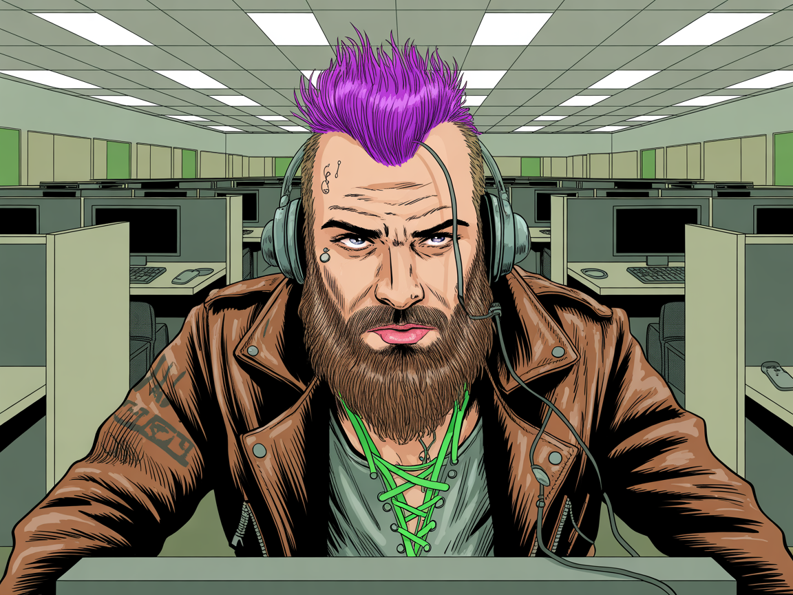 Comic Art by Mark Brooks	Bearded Punk Man in a Call Center	Intricate cross-hatching details the wear and tear on his leather jacket, individual strands of his beard are meticulously rendered, showcasing age and texture.	Muted greens and grays dominate the call center backdrop, while the punk man's vibrant purple mohawk and neon green shoelaces pop against the drab surroundings.	A Dutch angle shot looking up at the punk man, emphasizing his rebellious stance as he sits amidst a sea of uniform cubicles.	Multiple piercings adorn his face, each glinting realistically under the fluorescent office lights. A faded band tattoo peeks out from beneath his ripped sleeve, hinting at a life beyond the headset.	Every keyboard key, coffee stain on a desk, and tangled ethernet cable is painstakingly drawn, creating a sense of overwhelming claustrophobia within the sterile corporate setting.