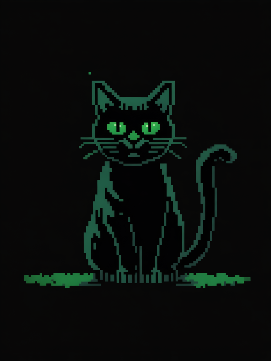 A stark silhouette against a black background, the pixelated form of a black cat is rendered with minimalist detail. Each pixel, a tiny square of vibrant green, meticulously placed to form the feline's iconic shape. The cat sits upright, its body a compact triangle of pixels, the tip forming its pointed ears. Two bright green pixels serve as eyes, gleaming like emeralds in the darkness. A single, diagonal line of pixels extends from the body, representing its curled tail. Despite the limited resolution and the absence of shading or texture, the cat's characteristic form and alert posture are instantly recognizable. The vibrant green pixels against the black background create a striking contrast, reminiscent of the early days of 8-bit gaming, evoking a sense of nostalgia and digital simplicity. This minimalist pixel art piece, with its limited palette and bold lines, captures the essence of the black cat in a stylized and evocative manner.